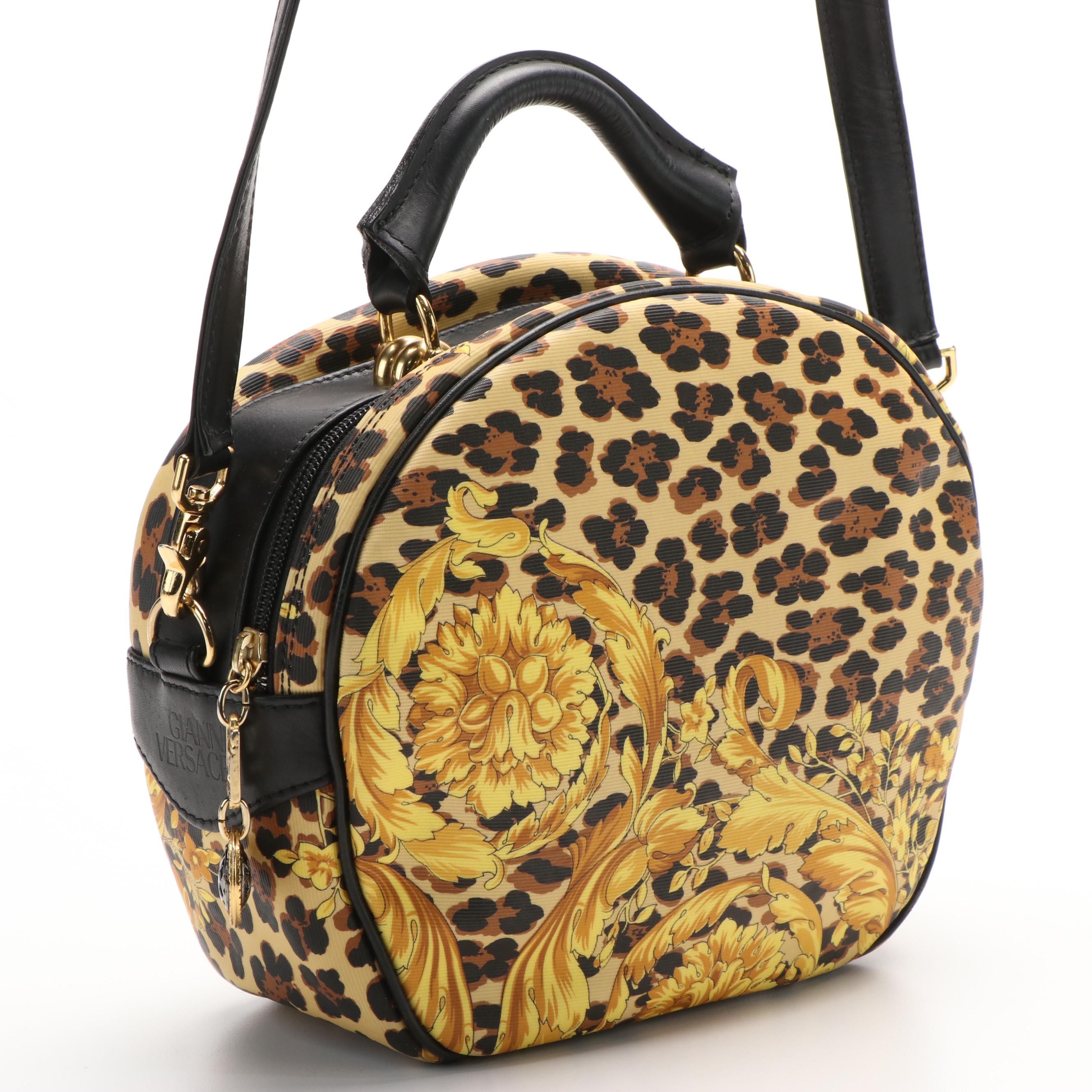 Vintage Gianni Versace 2-Way Bag in Baroque/Leopard Coated Canvas/Black Leather