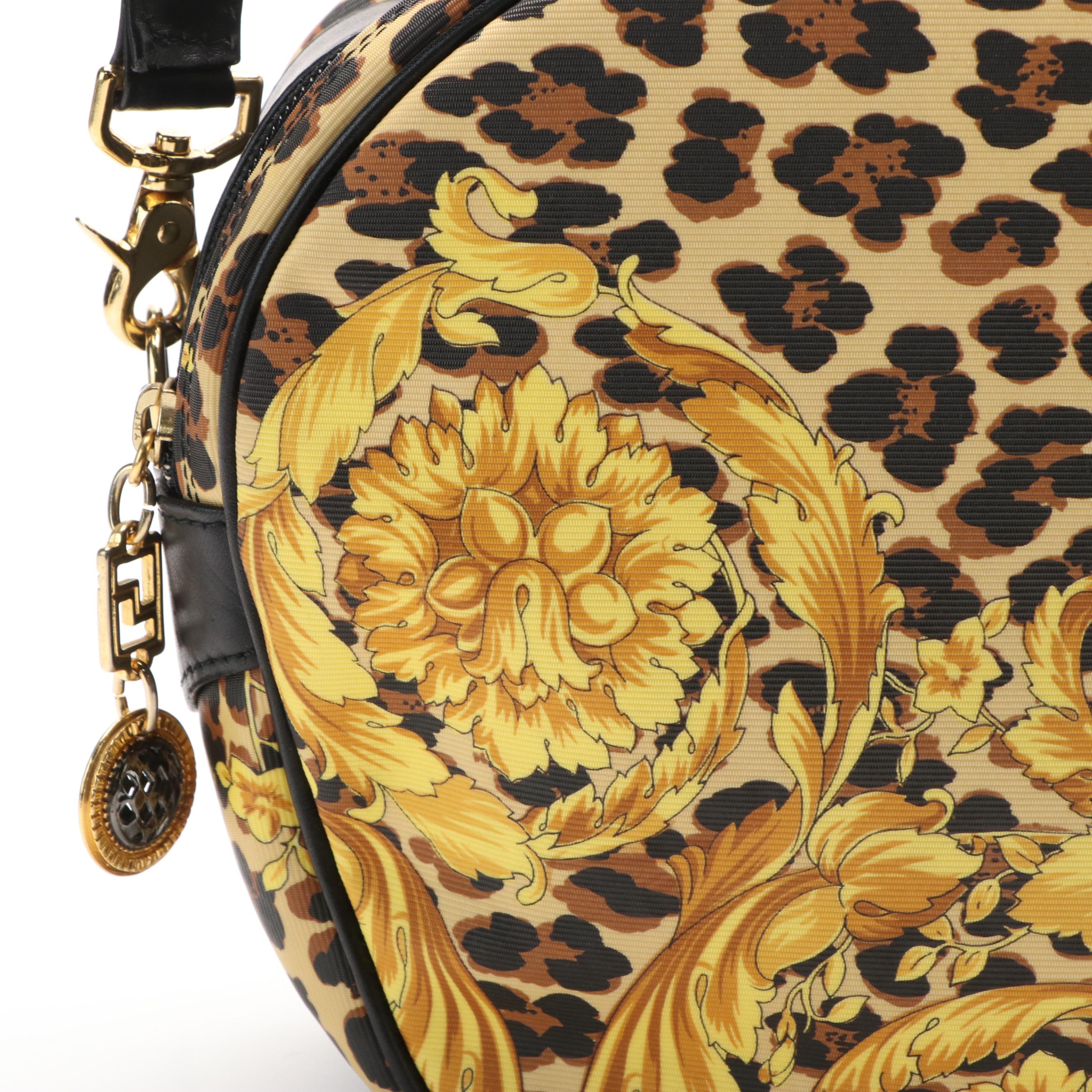 Vintage Gianni Versace 2-Way Bag in Baroque/Leopard Coated Canvas/Black Leather