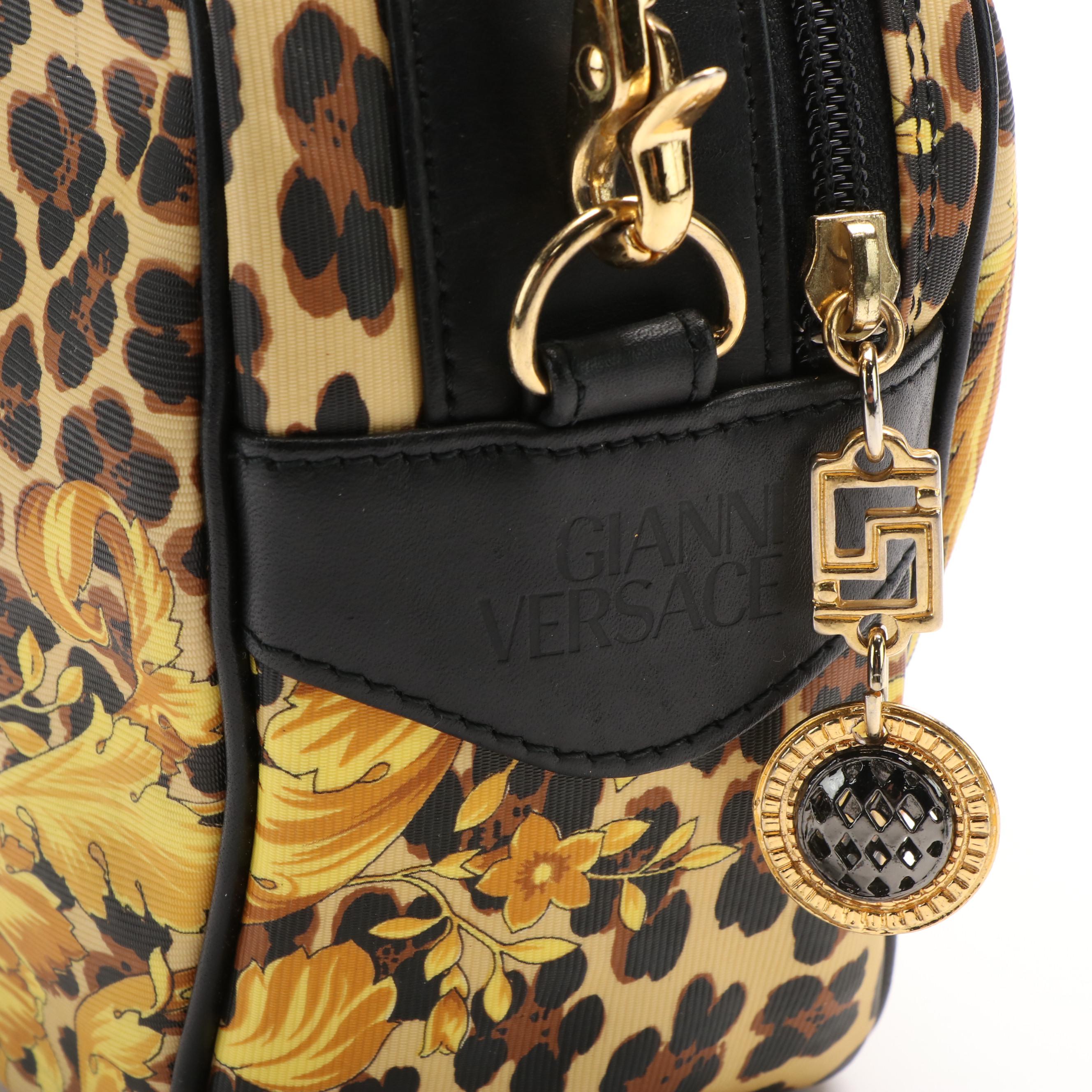 Vintage Gianni Versace 2-Way Bag in Baroque/Leopard Coated Canvas/Black Leather