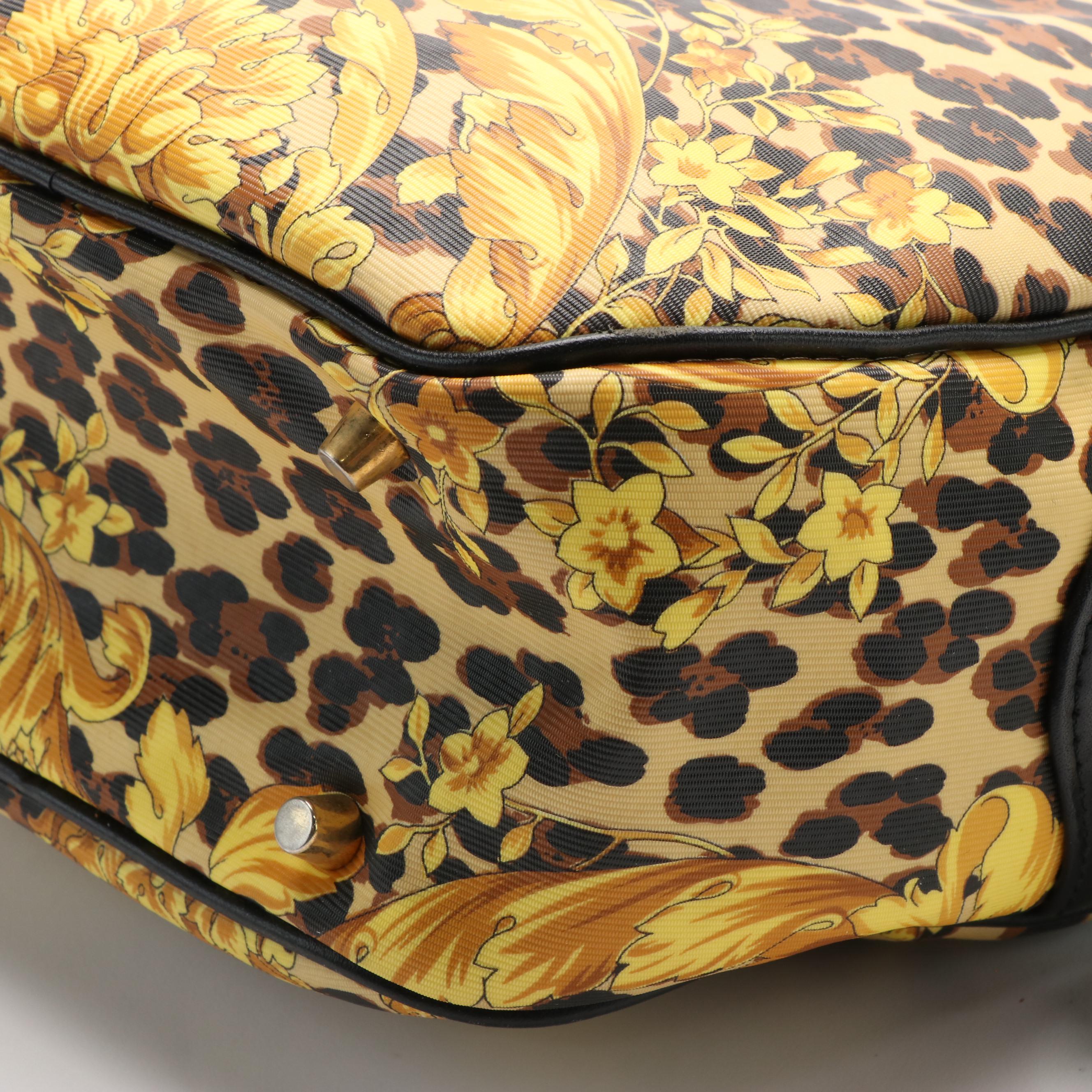 Vintage Gianni Versace 2-Way Bag in Baroque/Leopard Coated Canvas/Black Leather