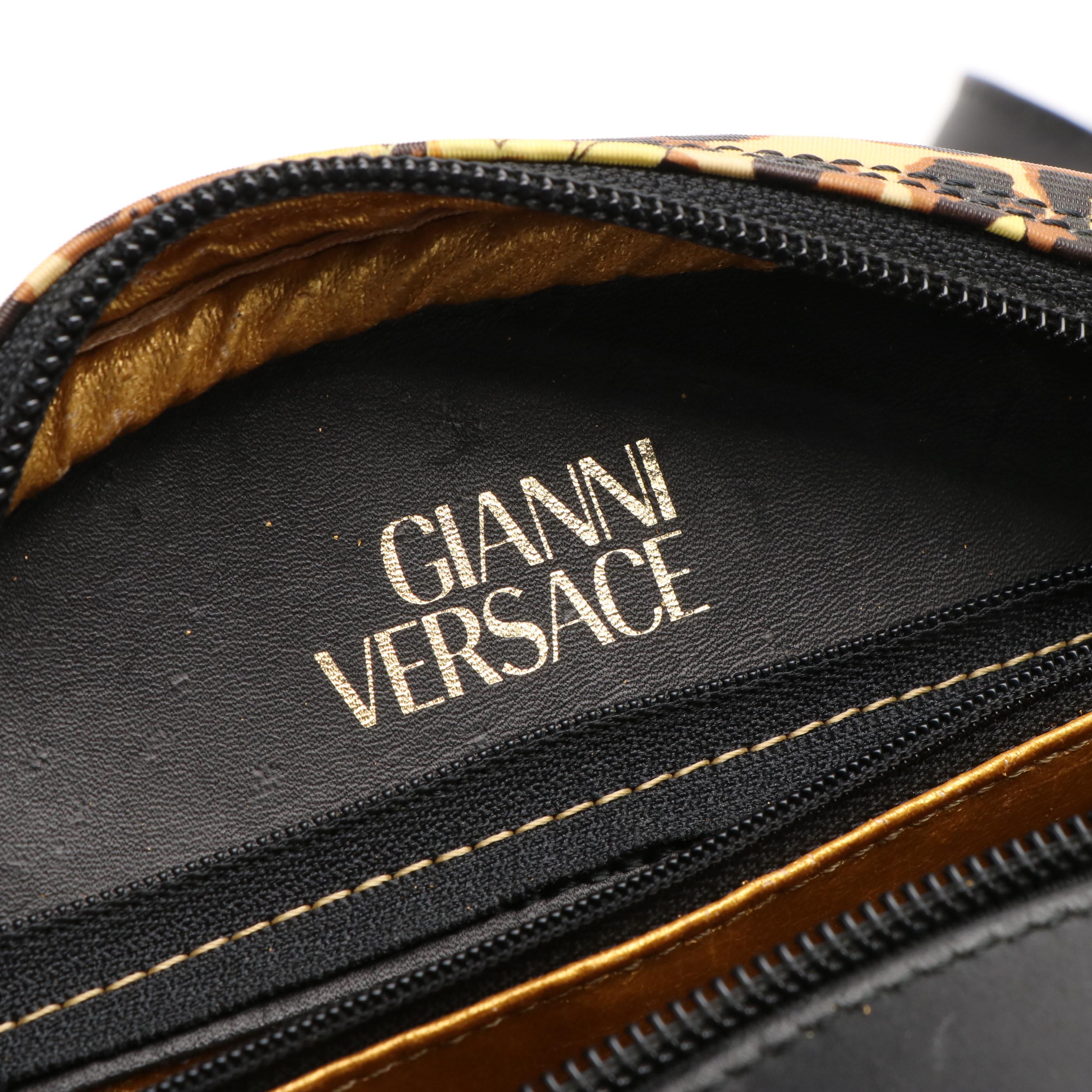 Vintage Gianni Versace 2-Way Bag in Baroque/Leopard Coated Canvas/Black Leather