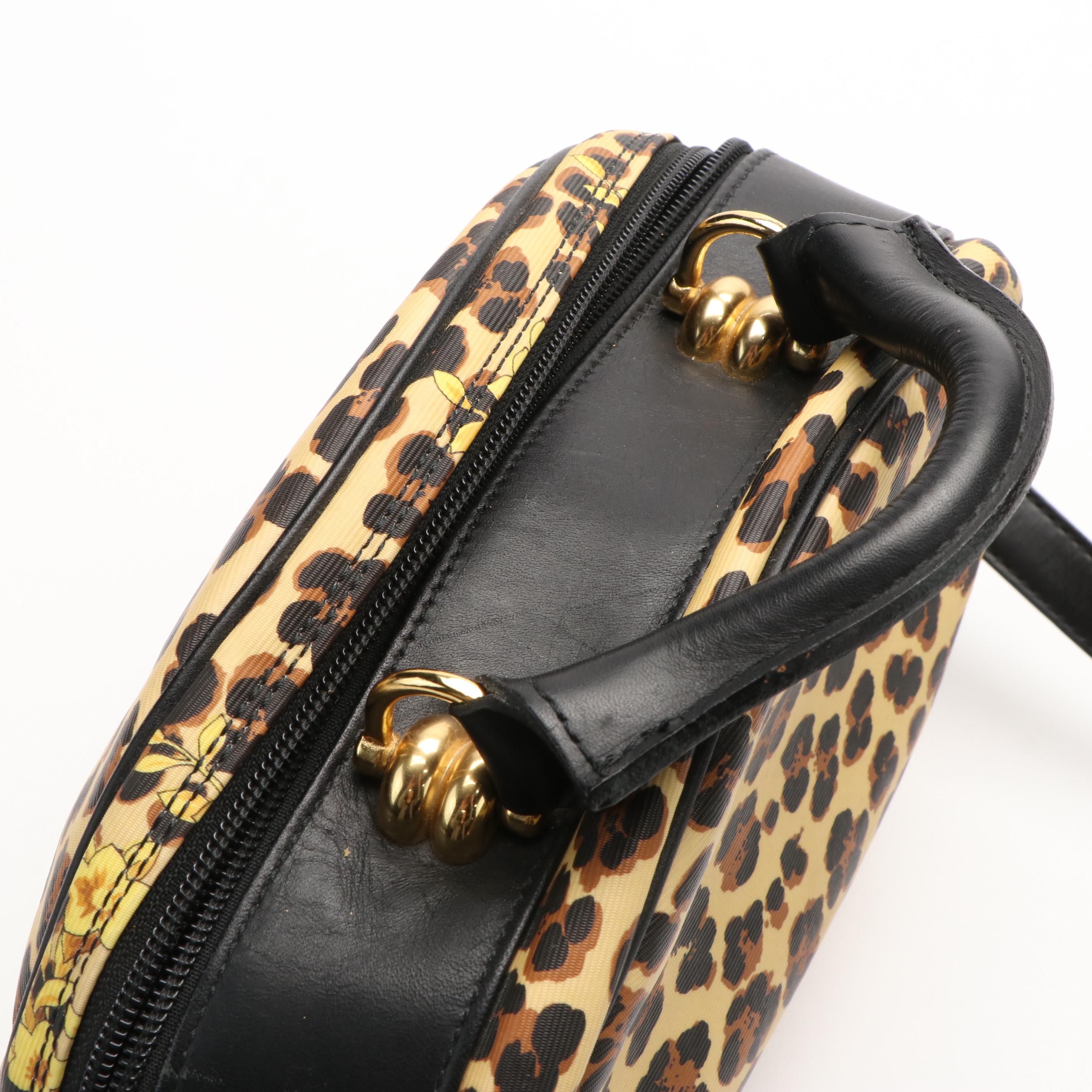 Vintage Gianni Versace 2-Way Bag in Baroque/Leopard Coated Canvas/Black Leather