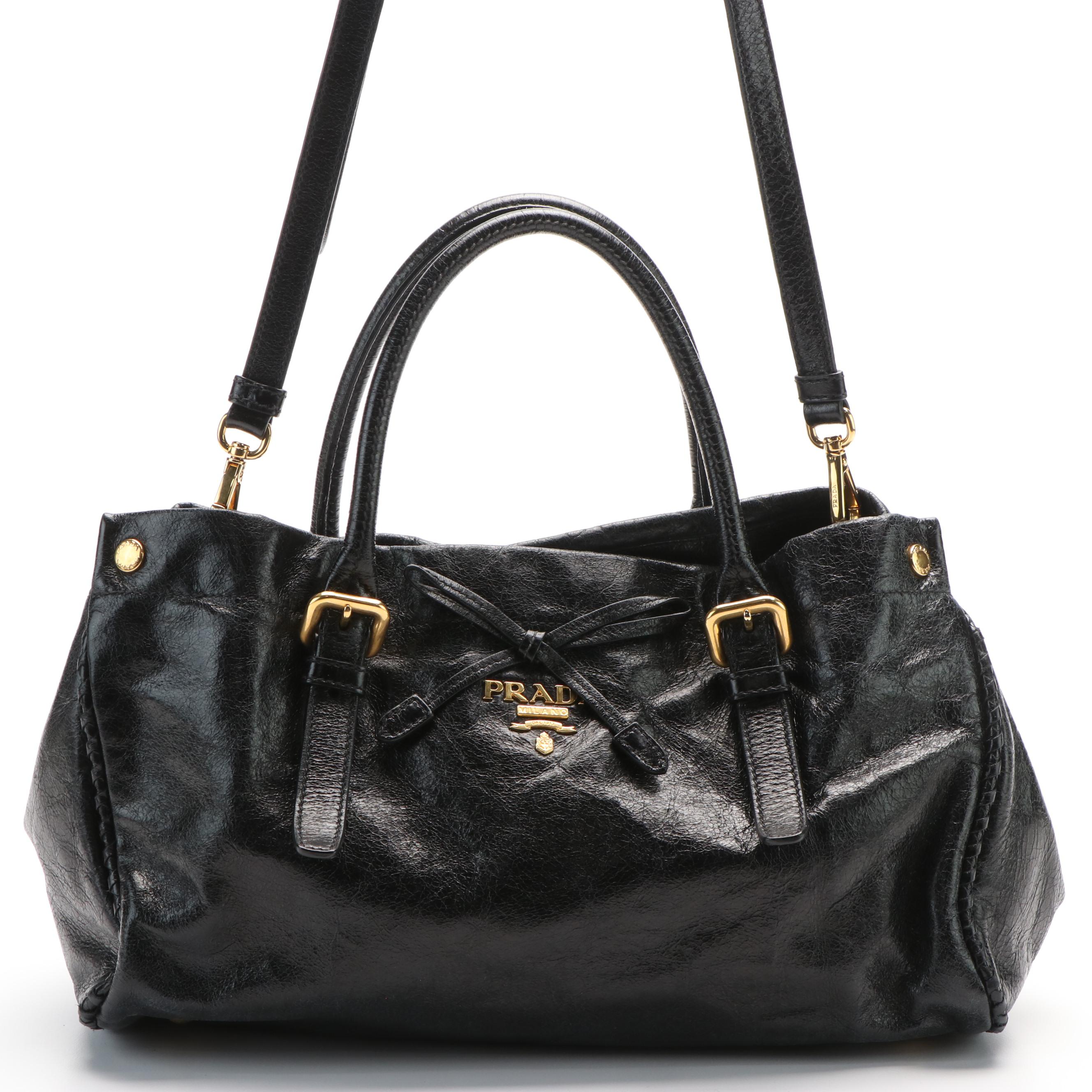 Prada Black Glazed Textured Leather 2way Ribbon Tote Bag