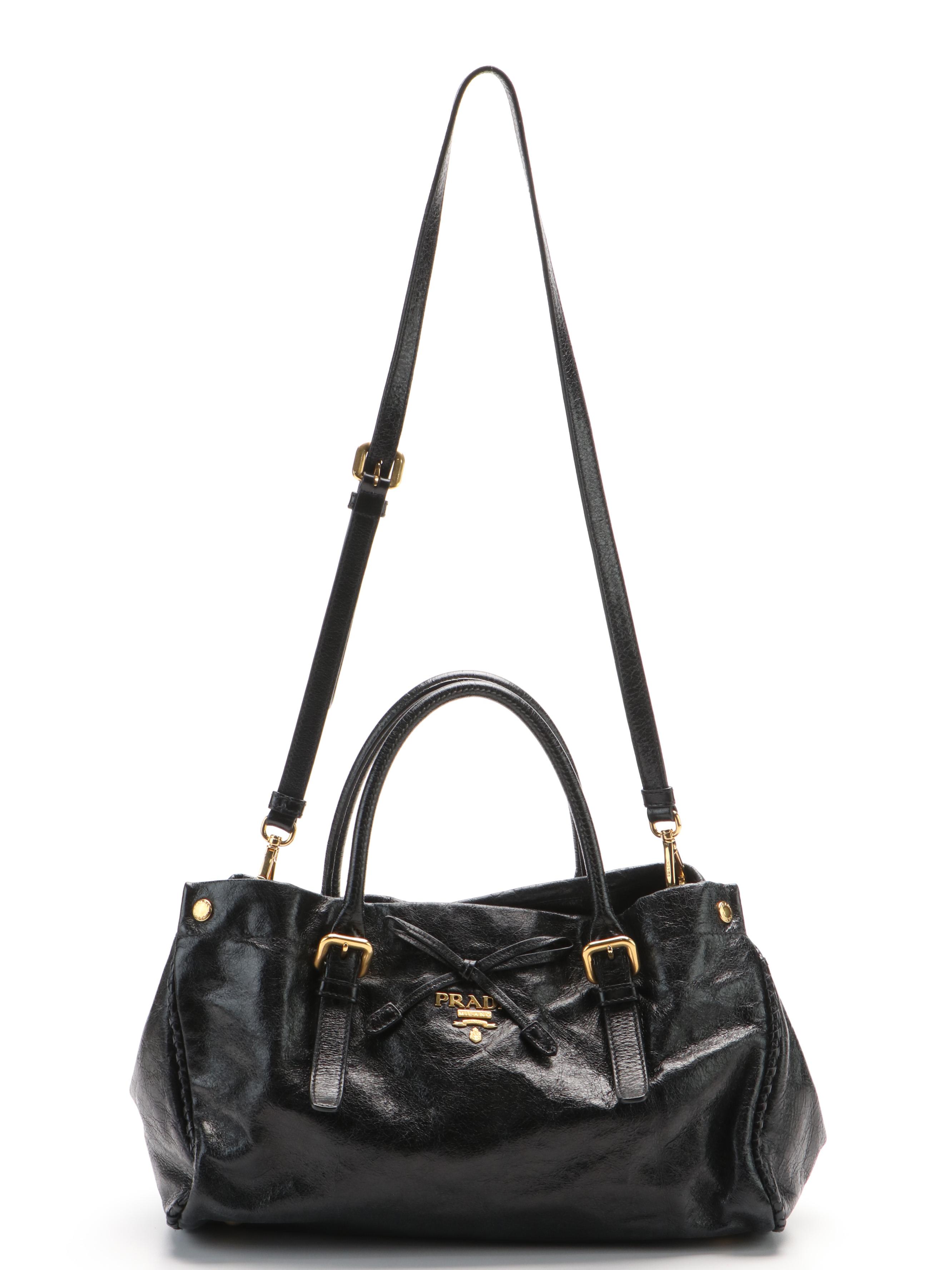 Prada Black Glazed Textured Leather 2way Ribbon Tote Bag