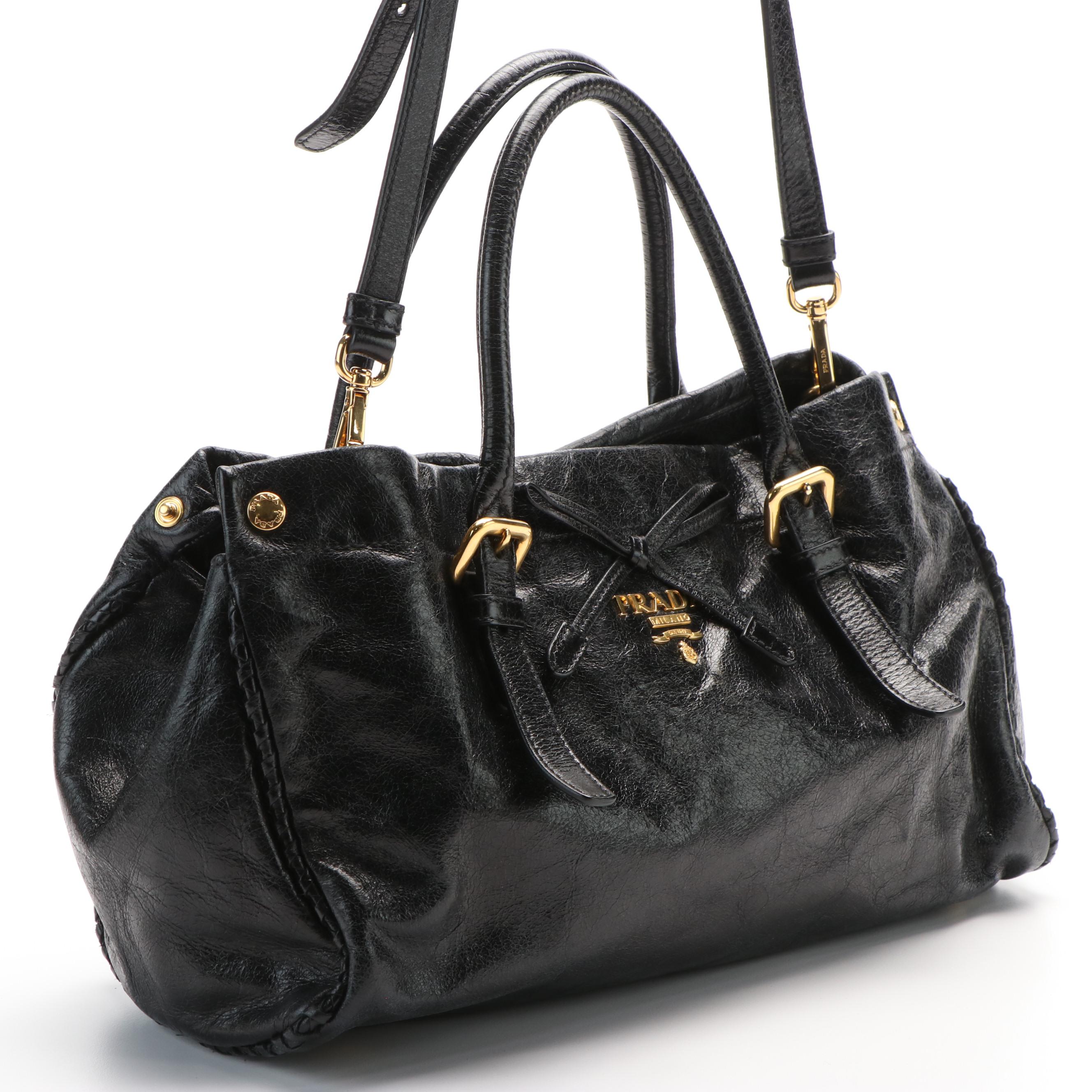 Prada Black Glazed Textured Leather 2way Ribbon Tote Bag