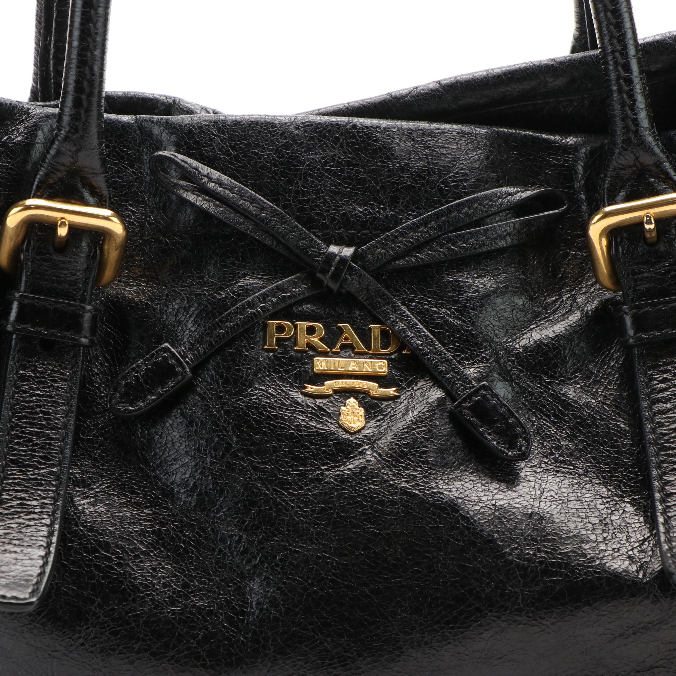 Prada Black Glazed Textured Leather 2way Ribbon Tote Bag