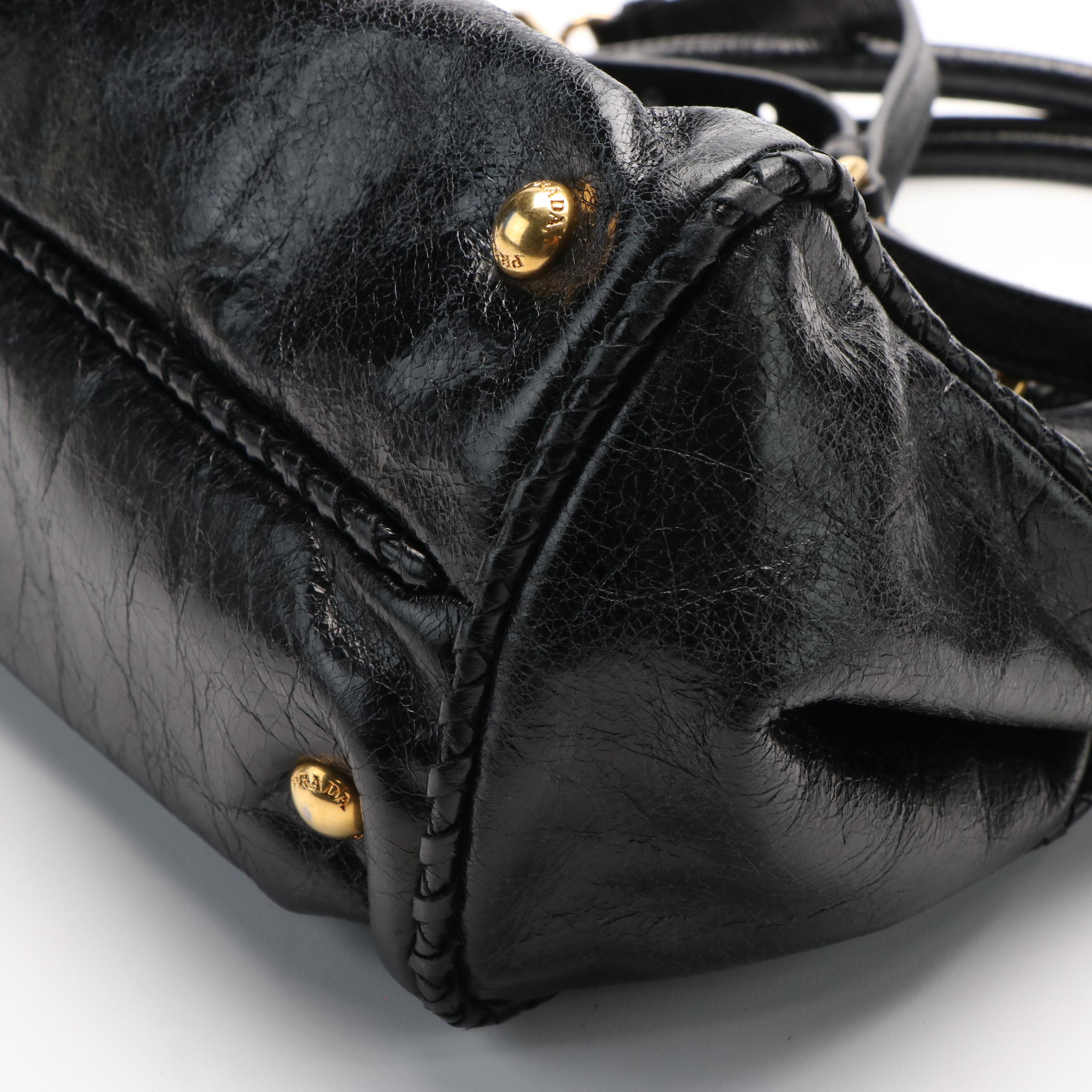 Prada Black Glazed Textured Leather 2way Ribbon Tote Bag