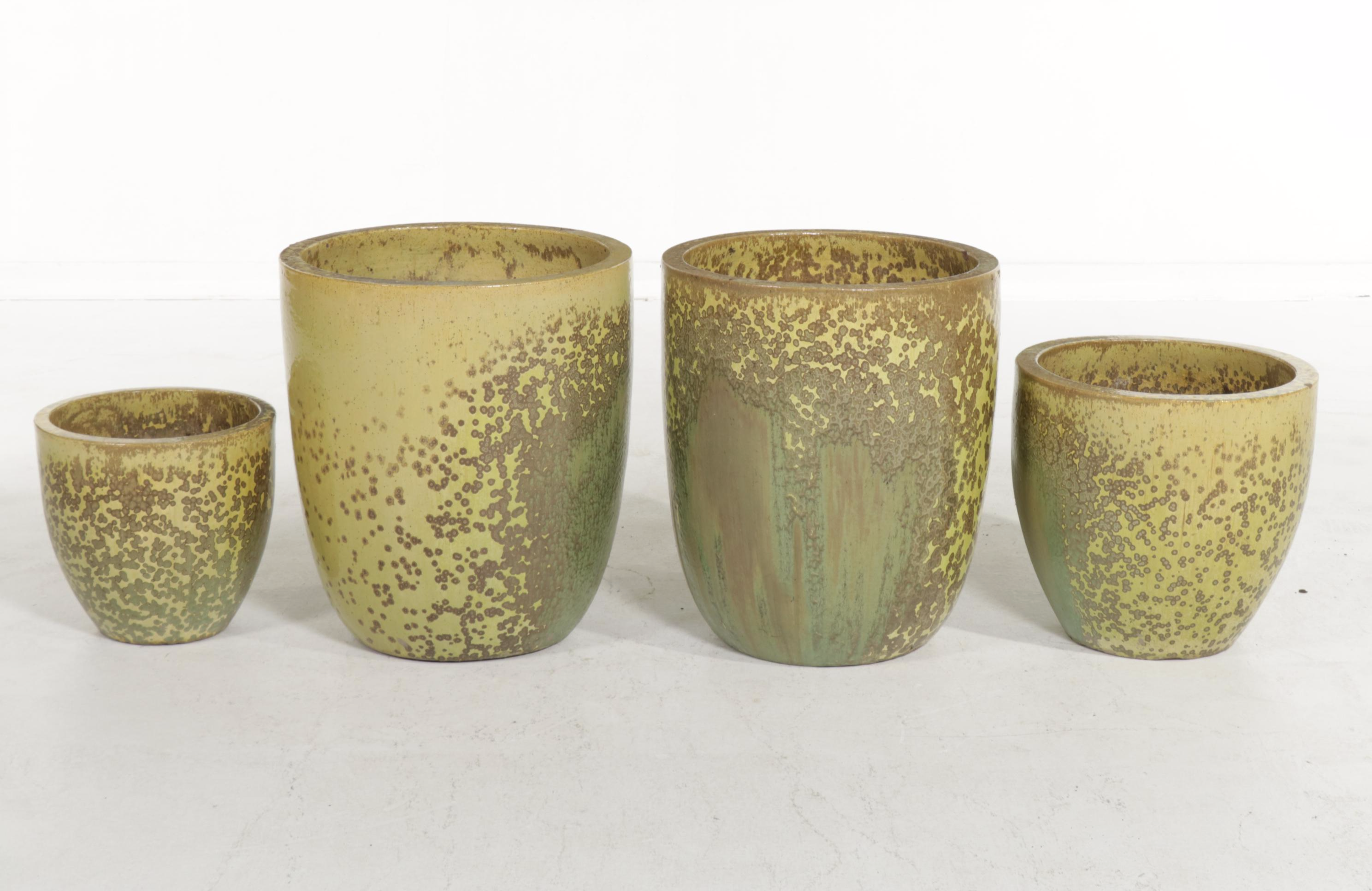 Four Green Reactive Glazed Ceramic Garden Planters