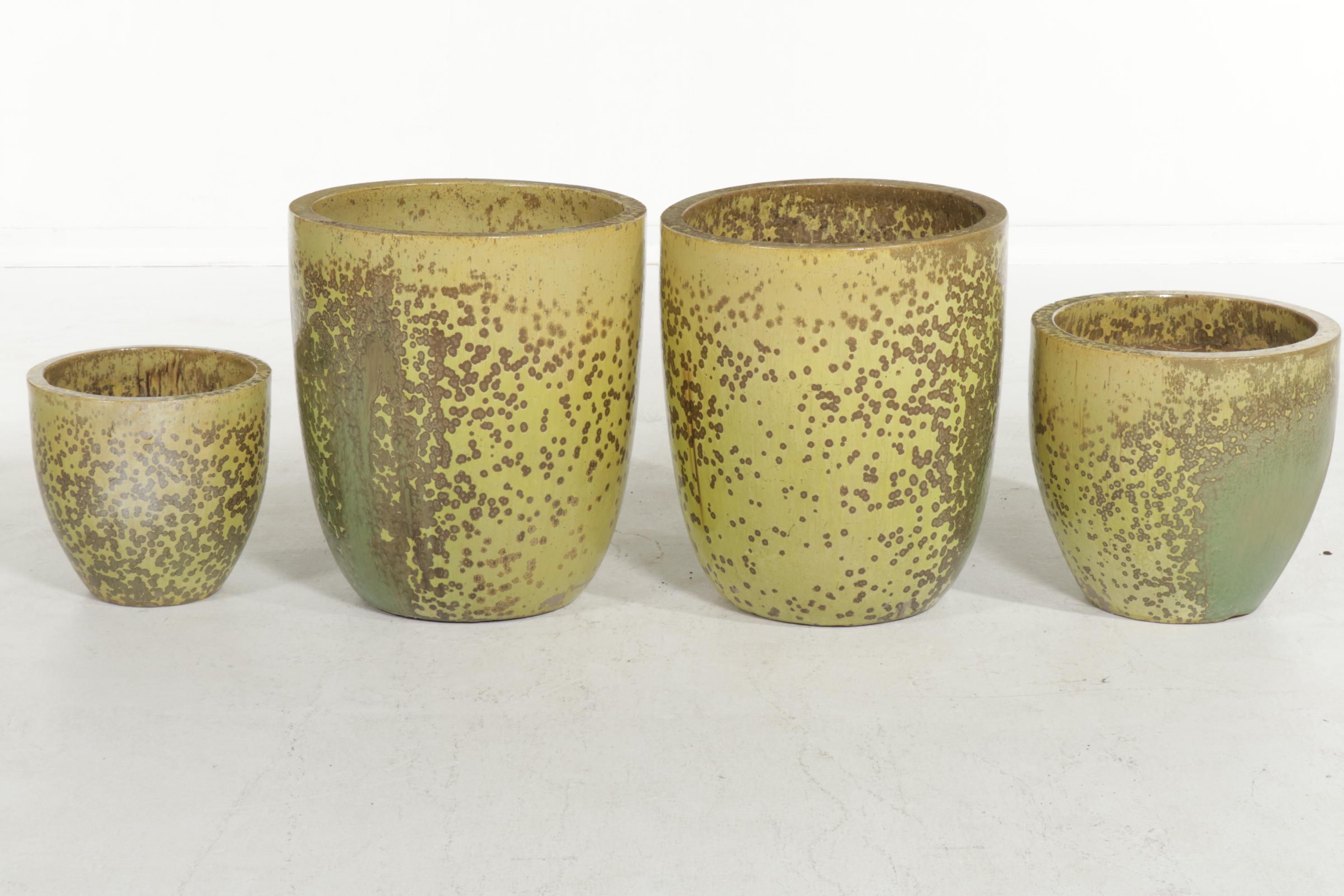 Four Green Reactive Glazed Ceramic Garden Planters