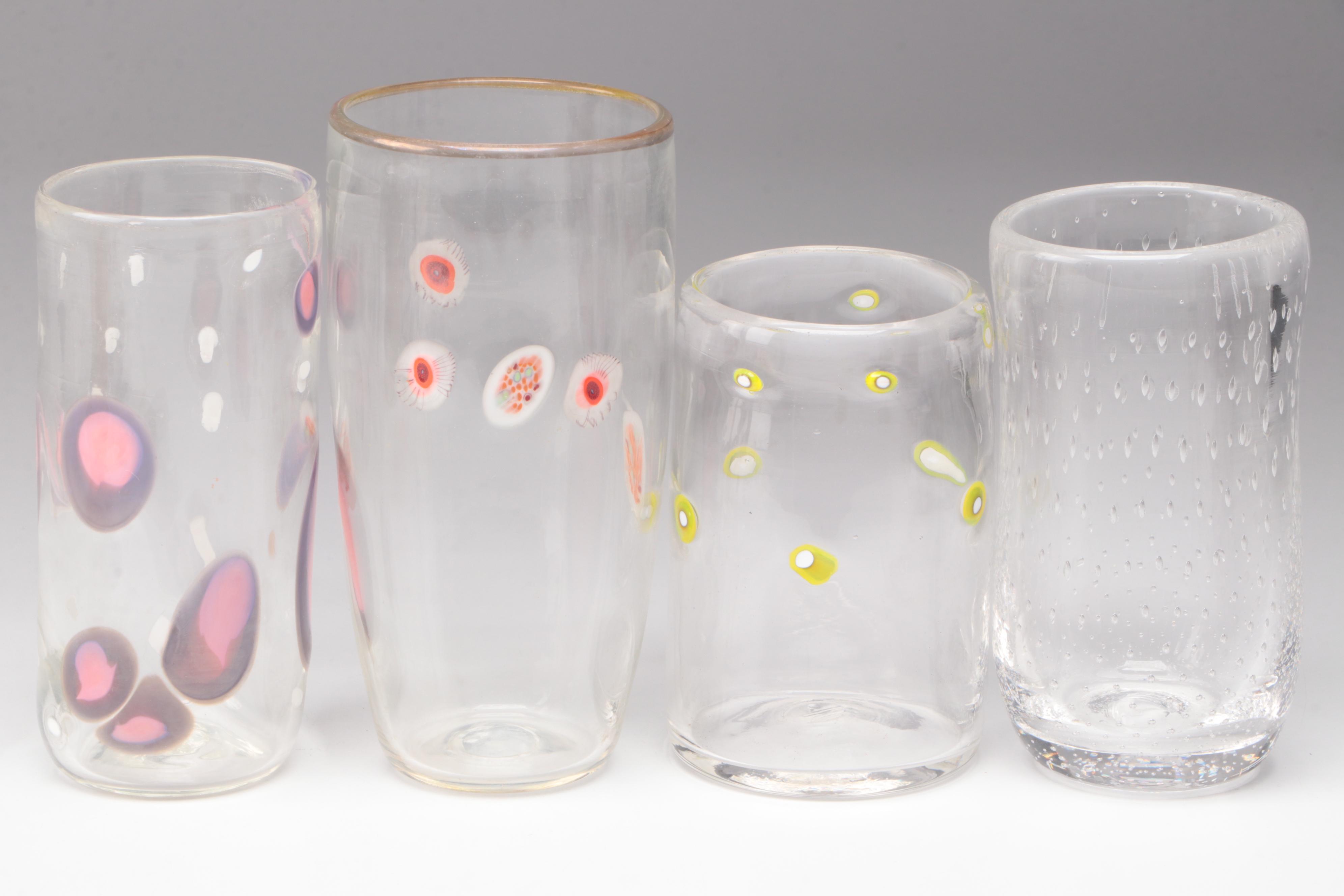 Handblown Studio Art Glass Drinking Glasses with Controlled Bubbles and Canework