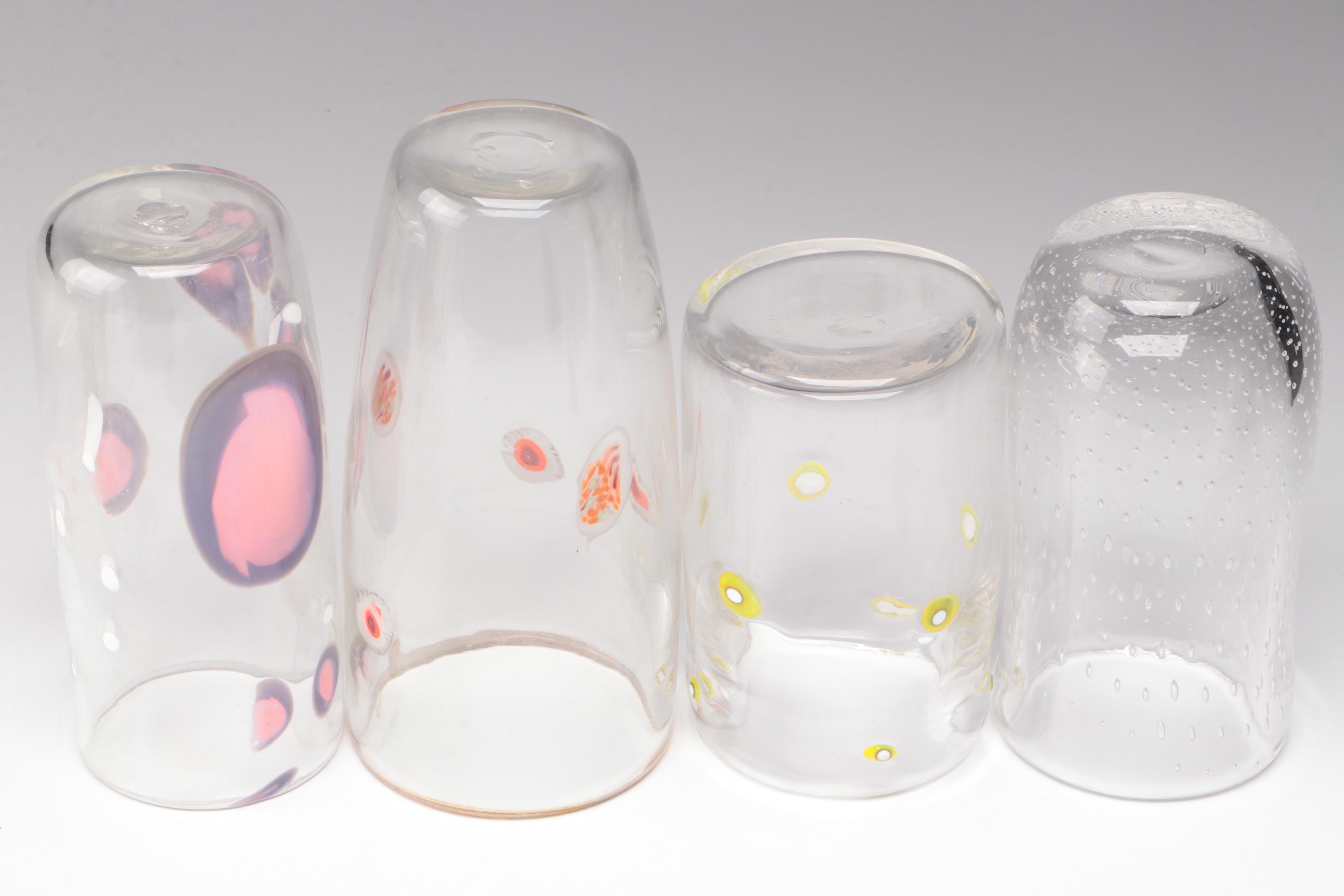 Handblown Studio Art Glass Drinking Glasses with Controlled Bubbles and Canework