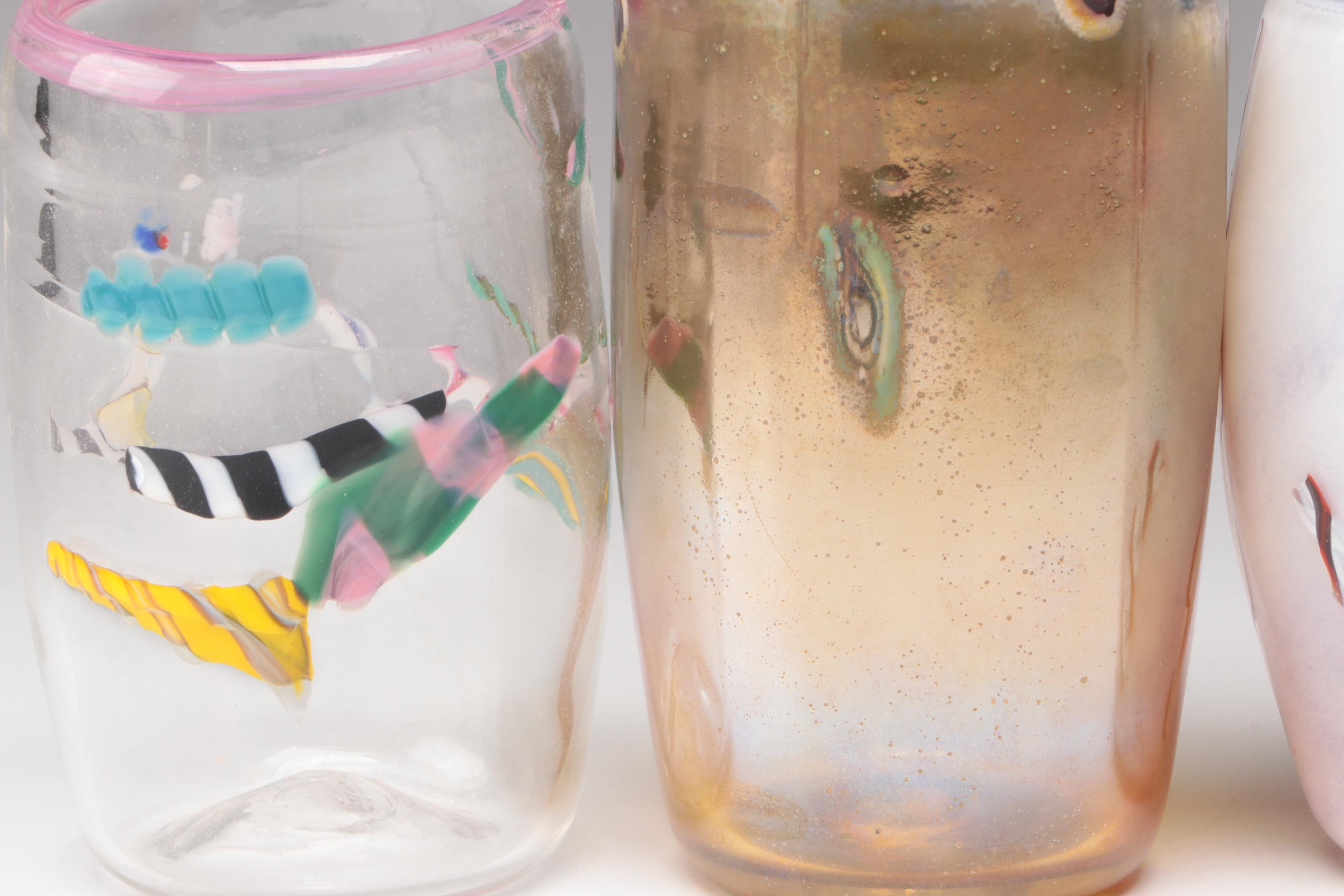 Handblown Studio Art Glass Drinking Glasses with Controlled Bubbles and Canework