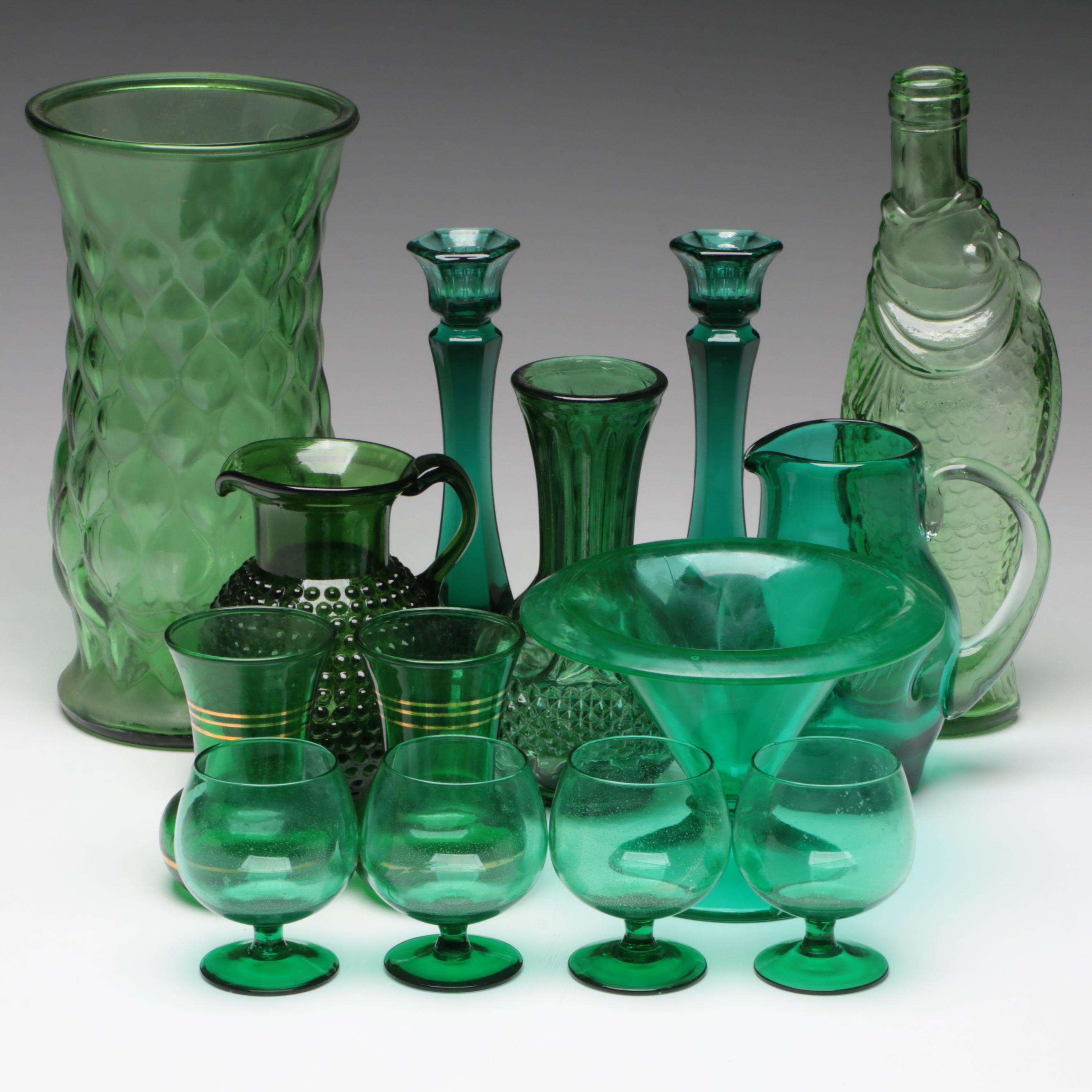 Italian Fish Wine Bottle with Other Green Glass Candlesticks, Vases and More