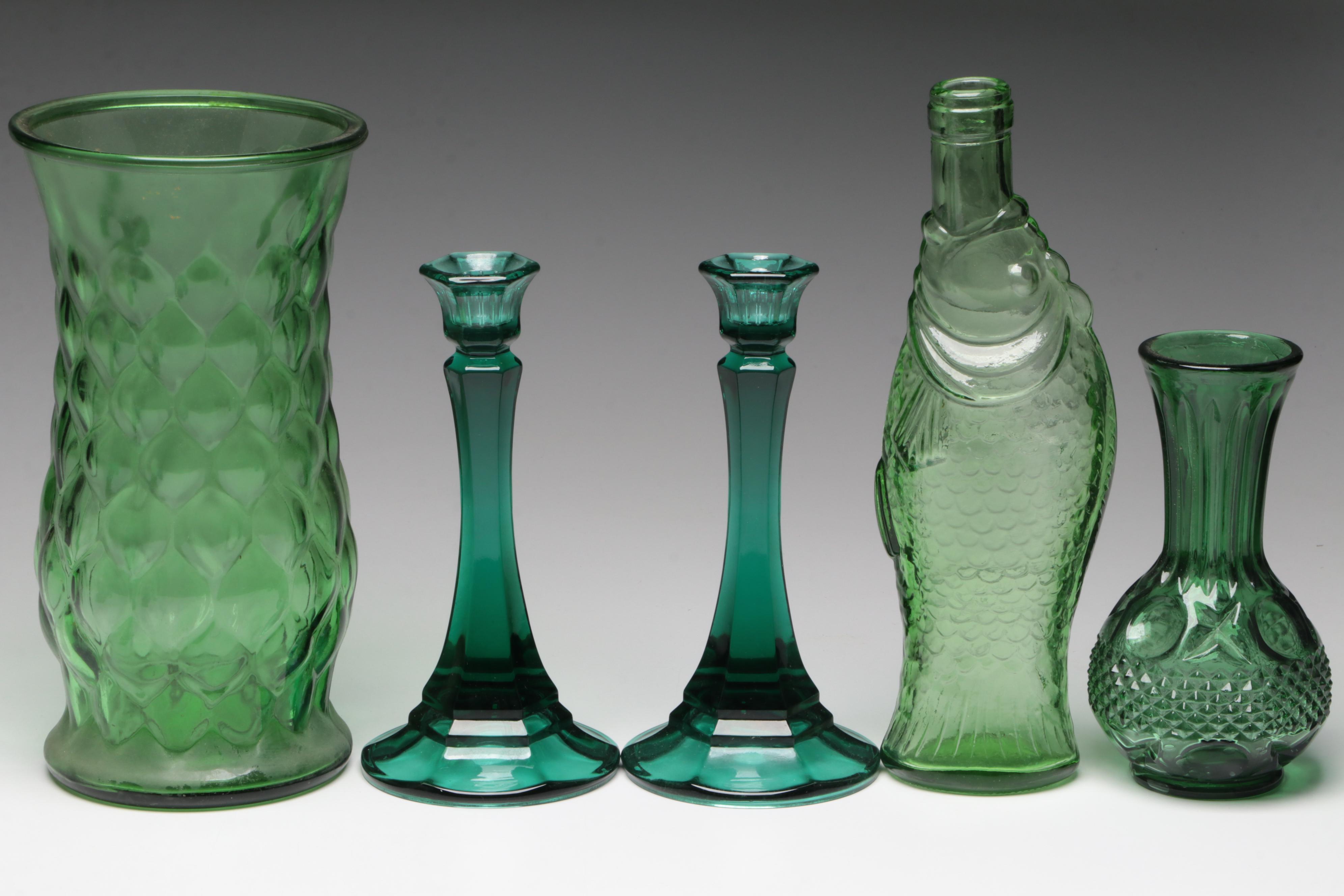 Italian Fish Wine Bottle with Other Green Glass Candlesticks, Vases and More