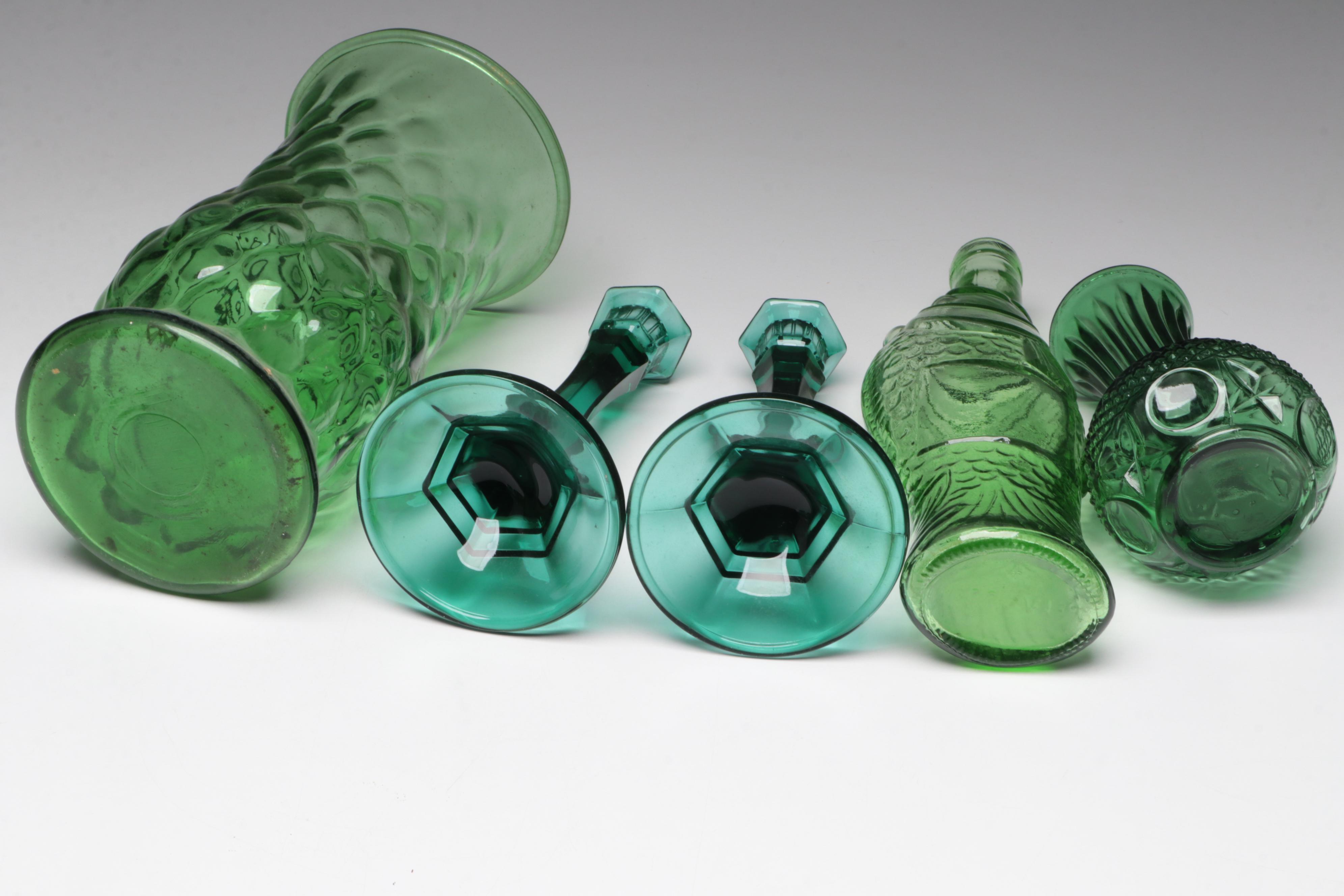 Italian Fish Wine Bottle with Other Green Glass Candlesticks, Vases and More