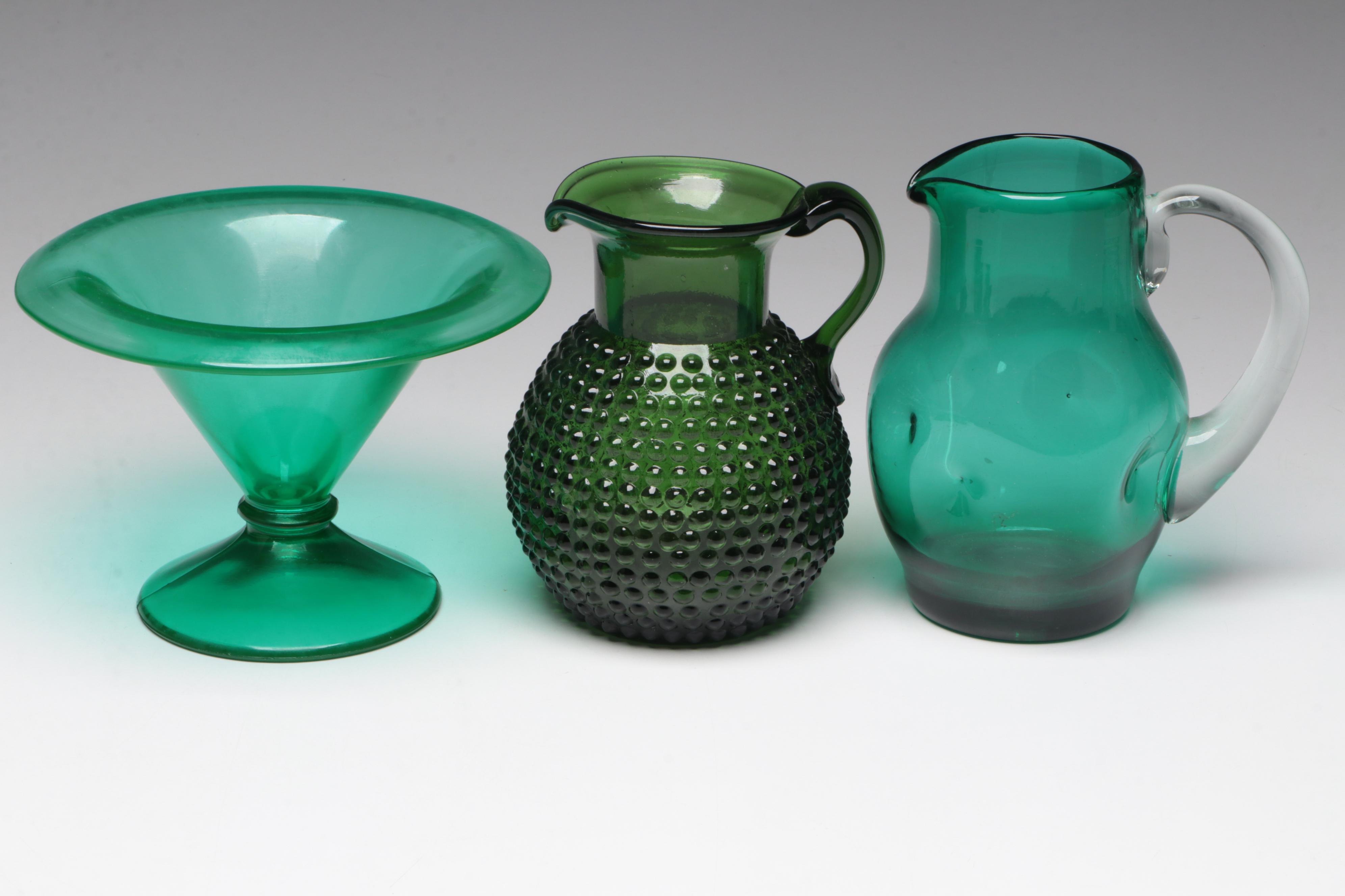 Italian Fish Wine Bottle with Other Green Glass Candlesticks, Vases and More