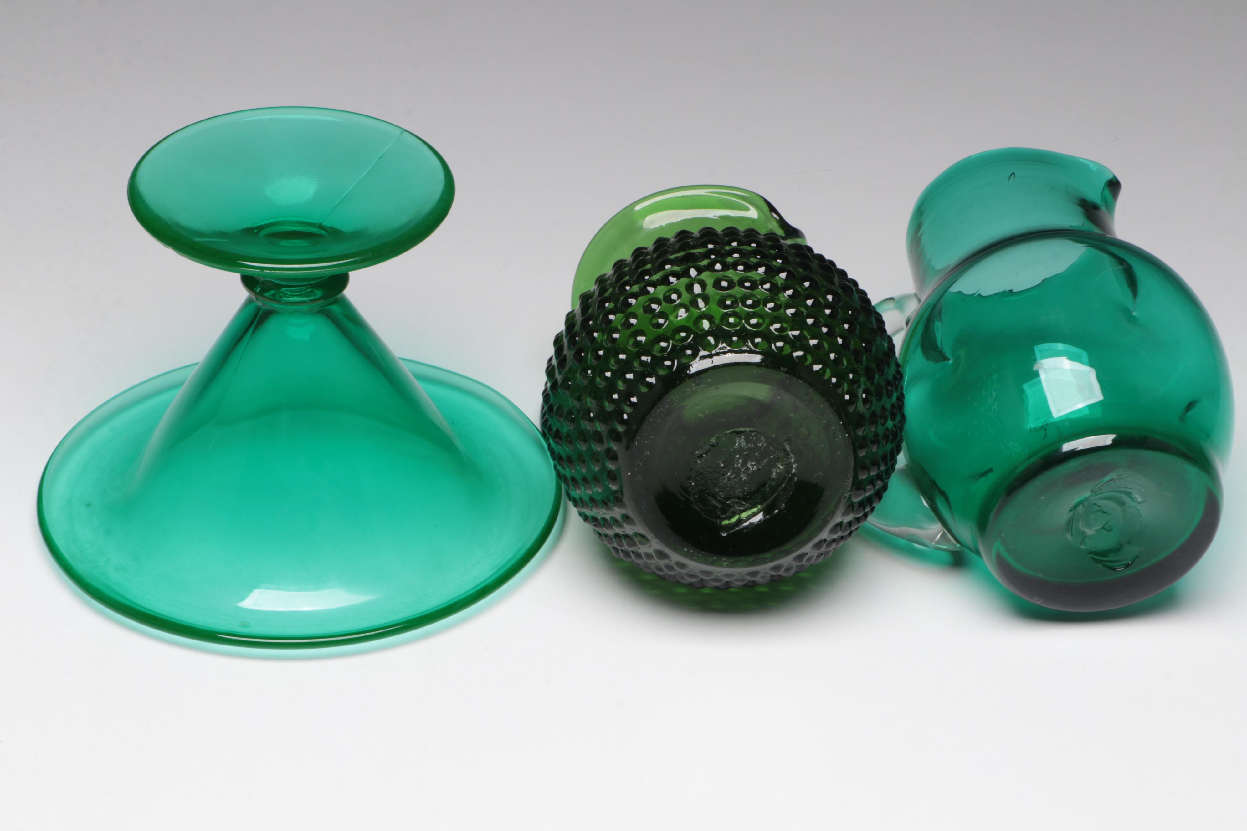 Italian Fish Wine Bottle with Other Green Glass Candlesticks, Vases and More