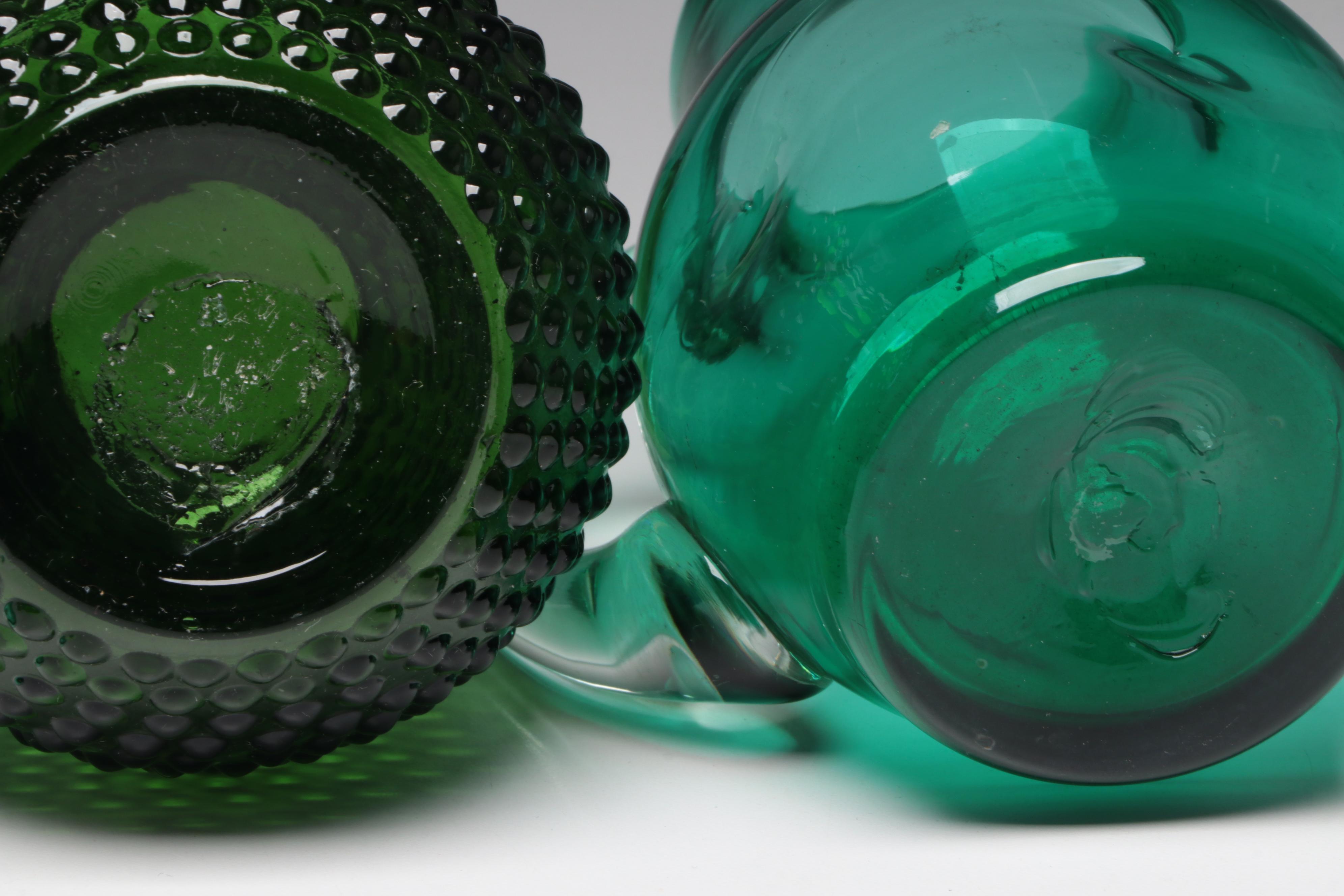 Italian Fish Wine Bottle with Other Green Glass Candlesticks, Vases and More