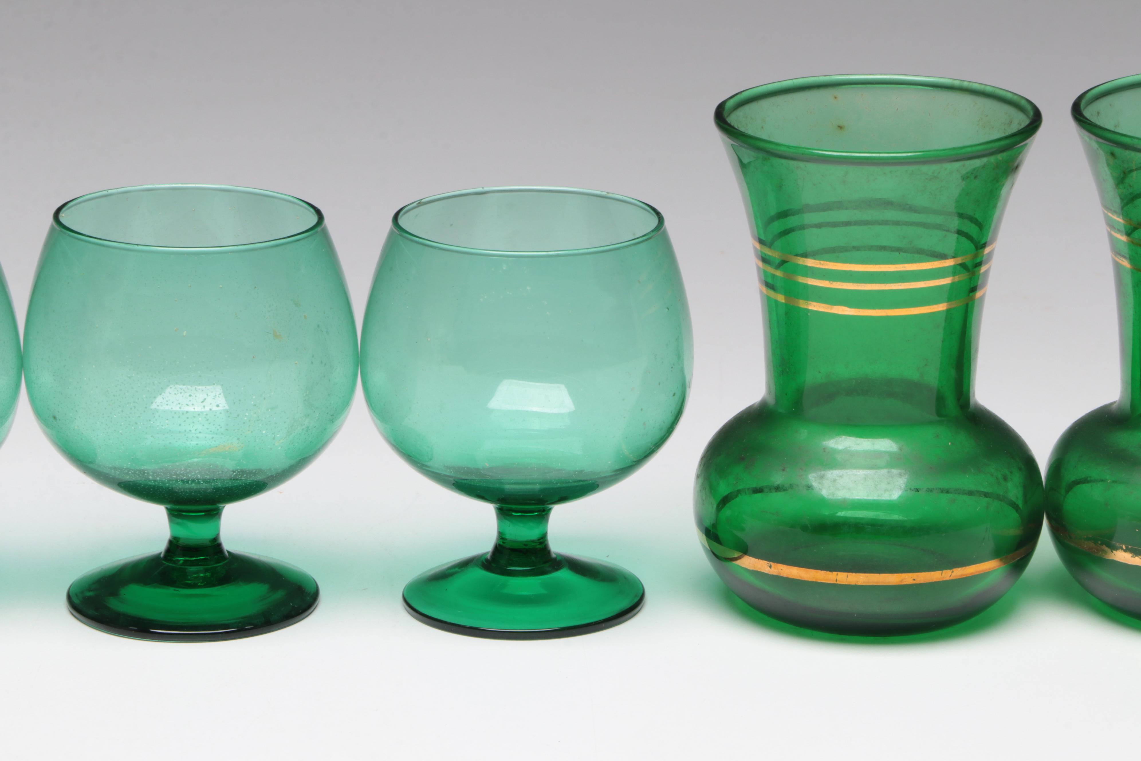 Italian Fish Wine Bottle with Other Green Glass Candlesticks, Vases and More