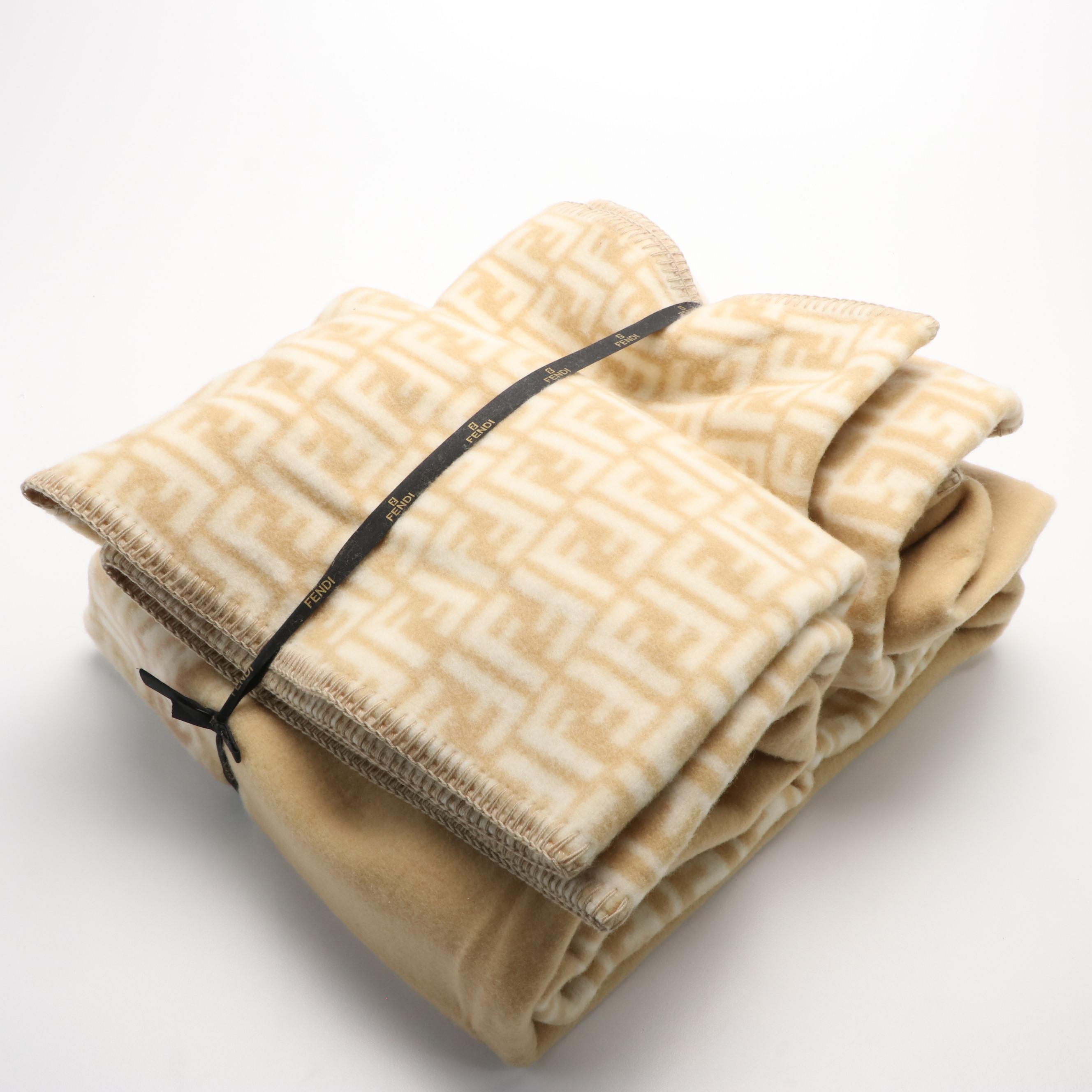 Fendi Beige Wool Monogram Blanket With Box