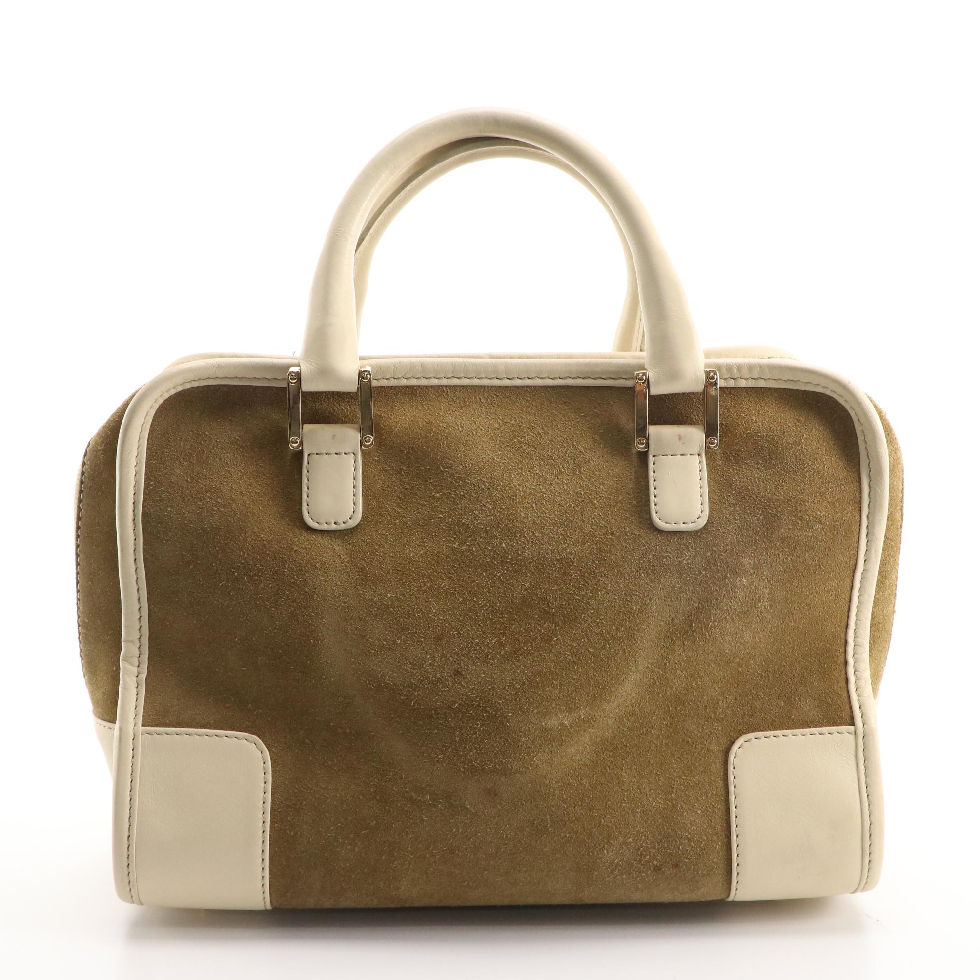 Loewe Amazona Boston Bag in Tan Suede and White Leather Trim