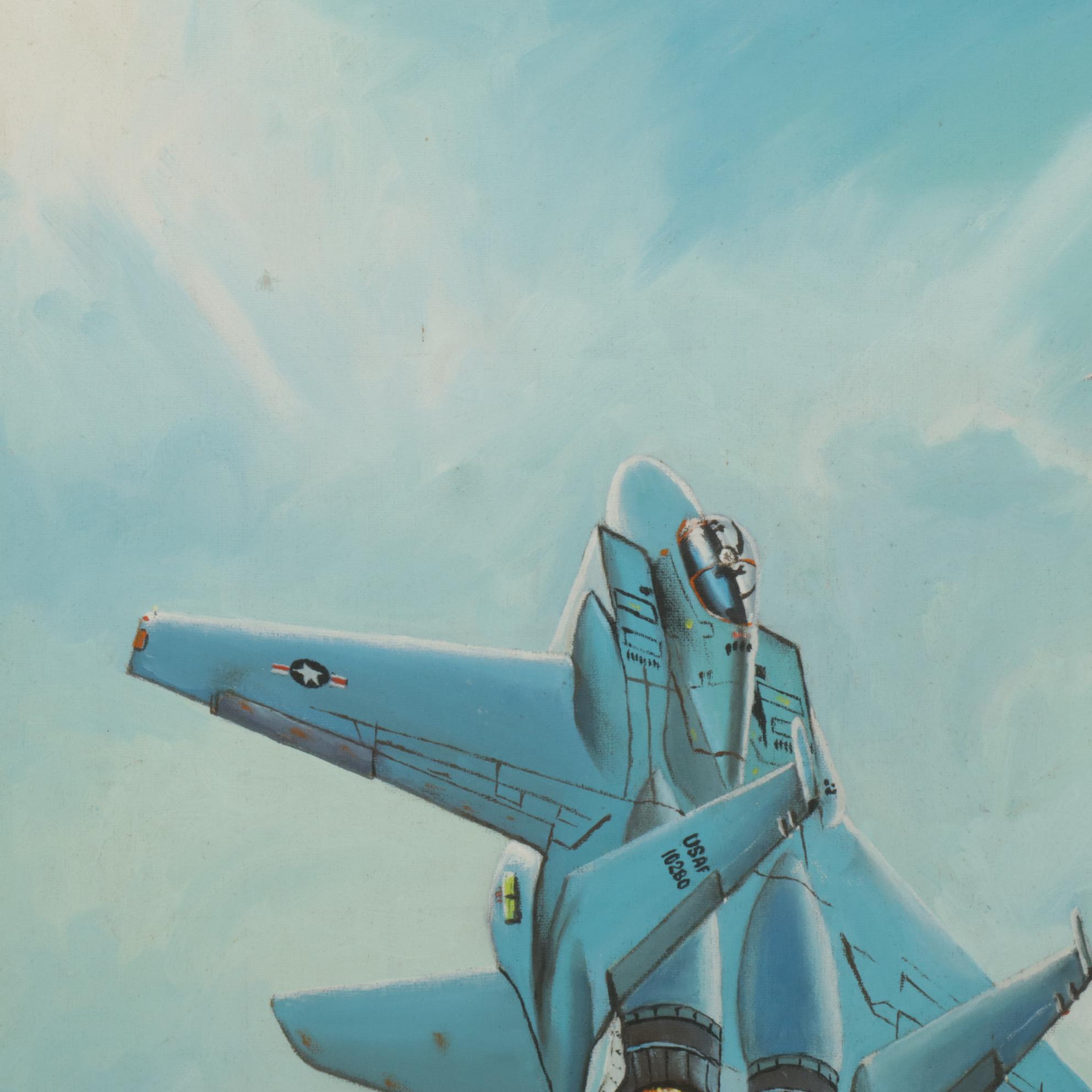 Aviation Oil Painting Of United States Air Force F-15 Jet, Late 20th Century