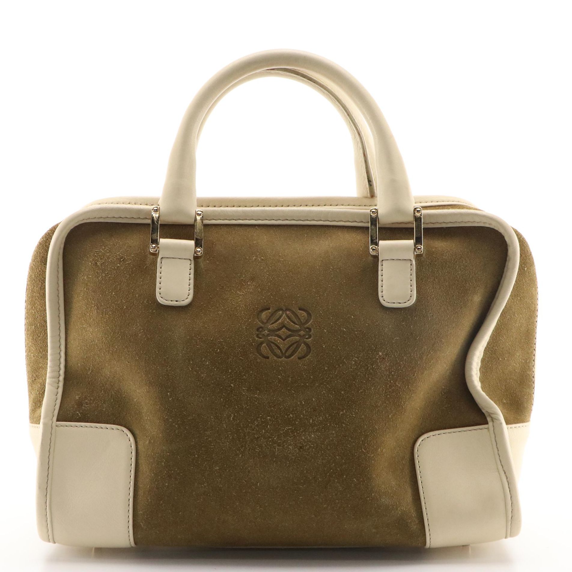Loewe Amazona Boston Bag in Tan Suede and White Leather Trim