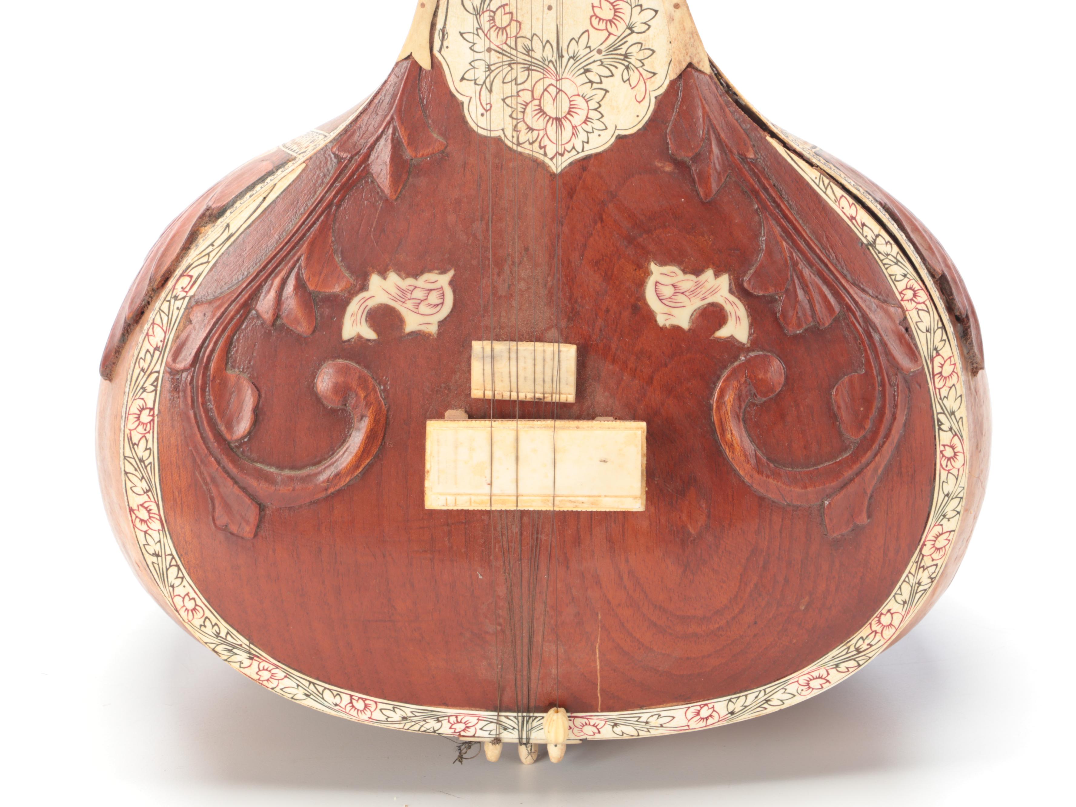 Indian Carved Rosewood and Gourd Sitar with Inlay