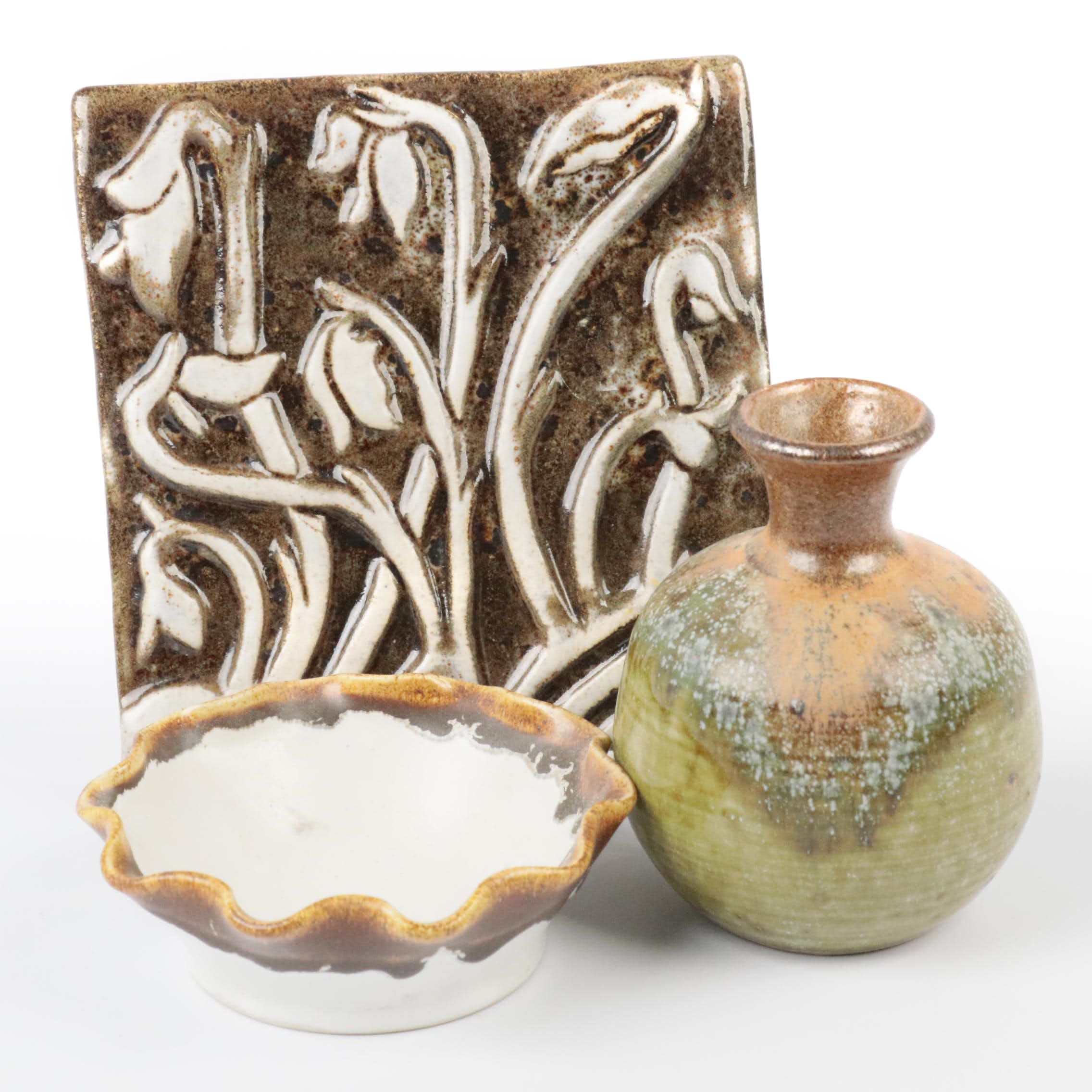 Signed Pigeon Forge Pottery Vase, Trivet, and Bowl