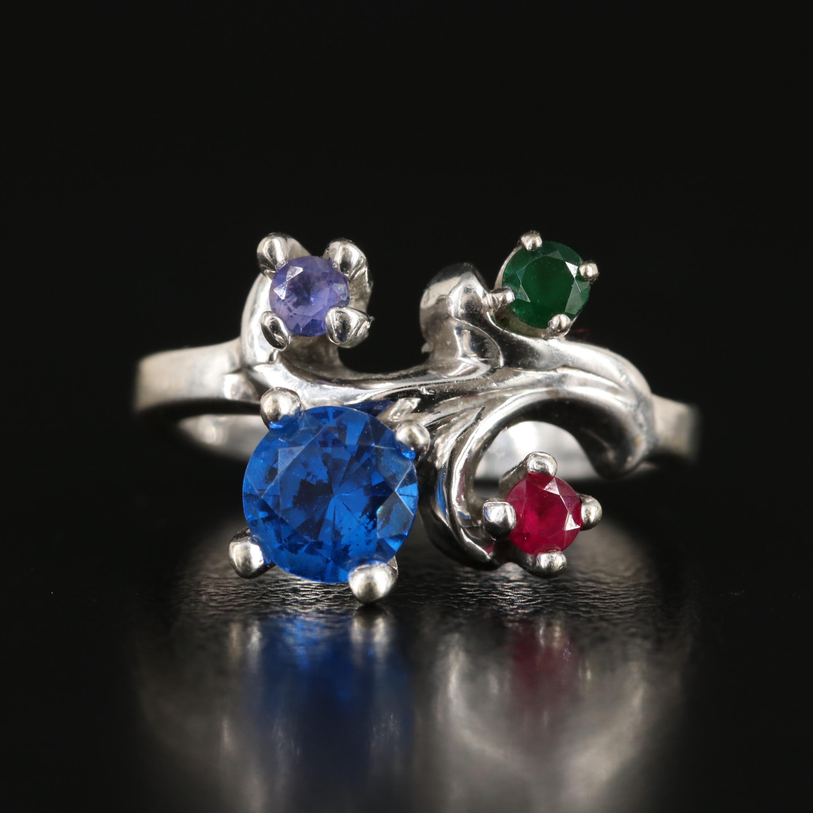 14K Sapphire, Ruby, Spinel and Garnet Glass Doublet Scroll Ring