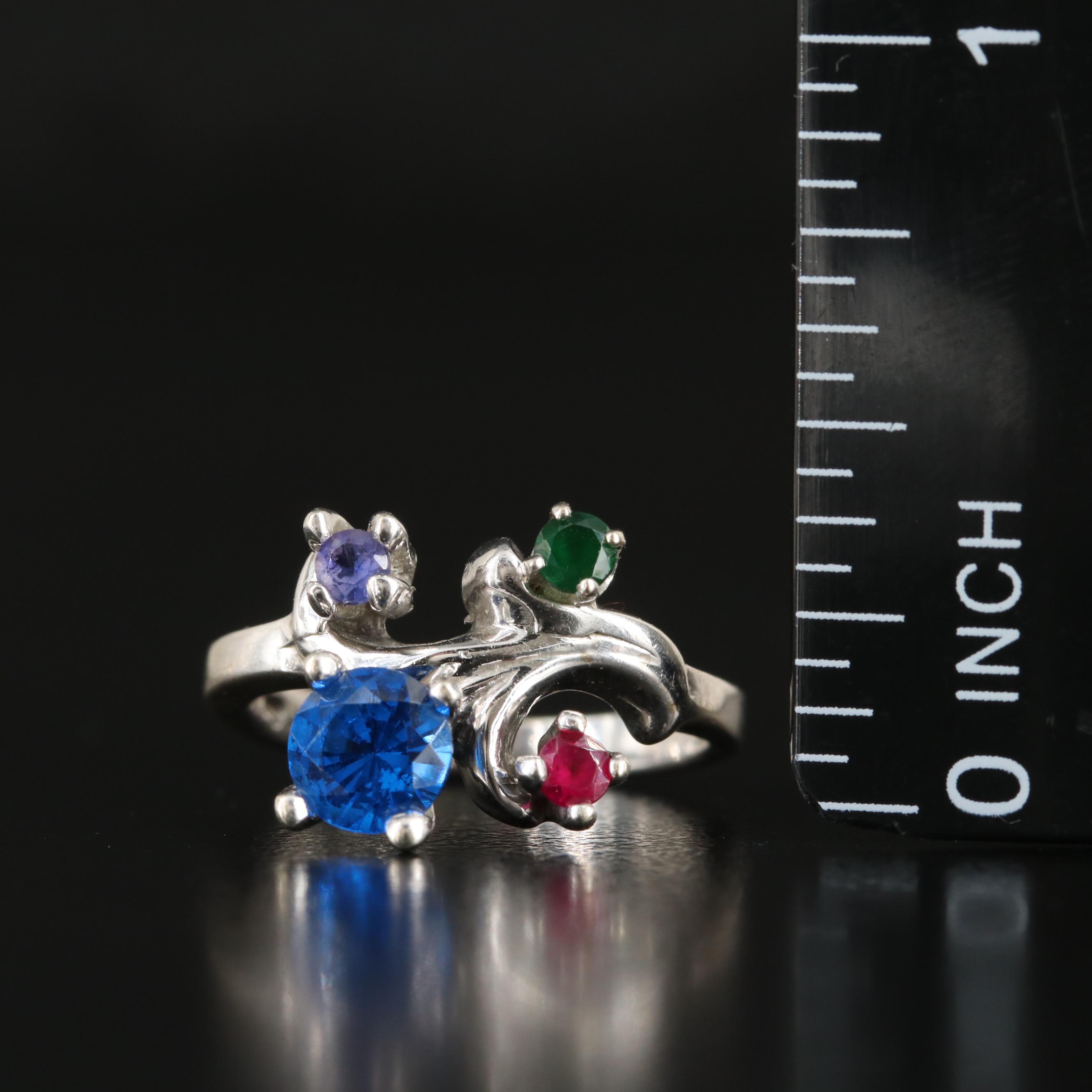 14K Sapphire, Ruby, Spinel and Garnet Glass Doublet Scroll Ring