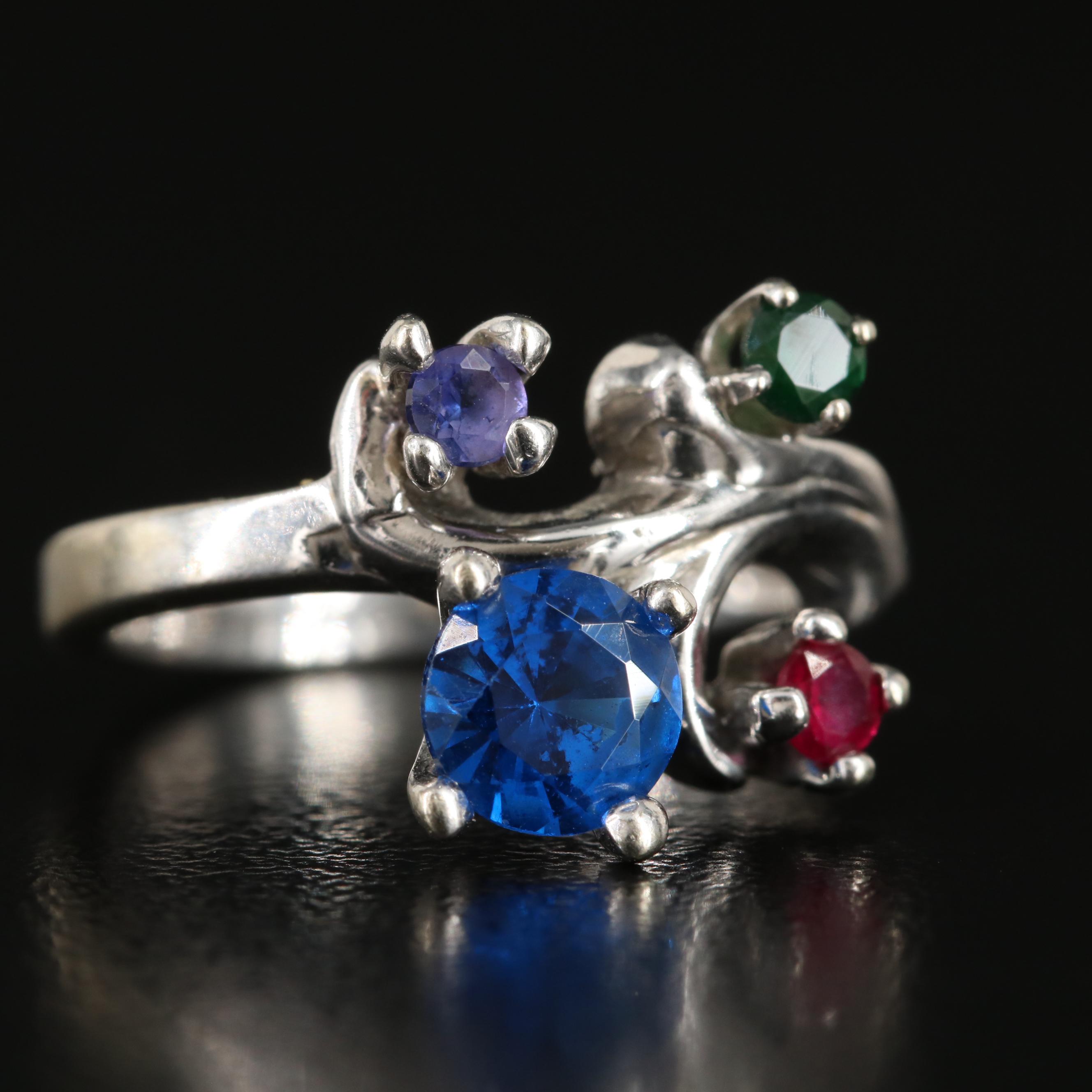 14K Sapphire, Ruby, Spinel and Garnet Glass Doublet Scroll Ring