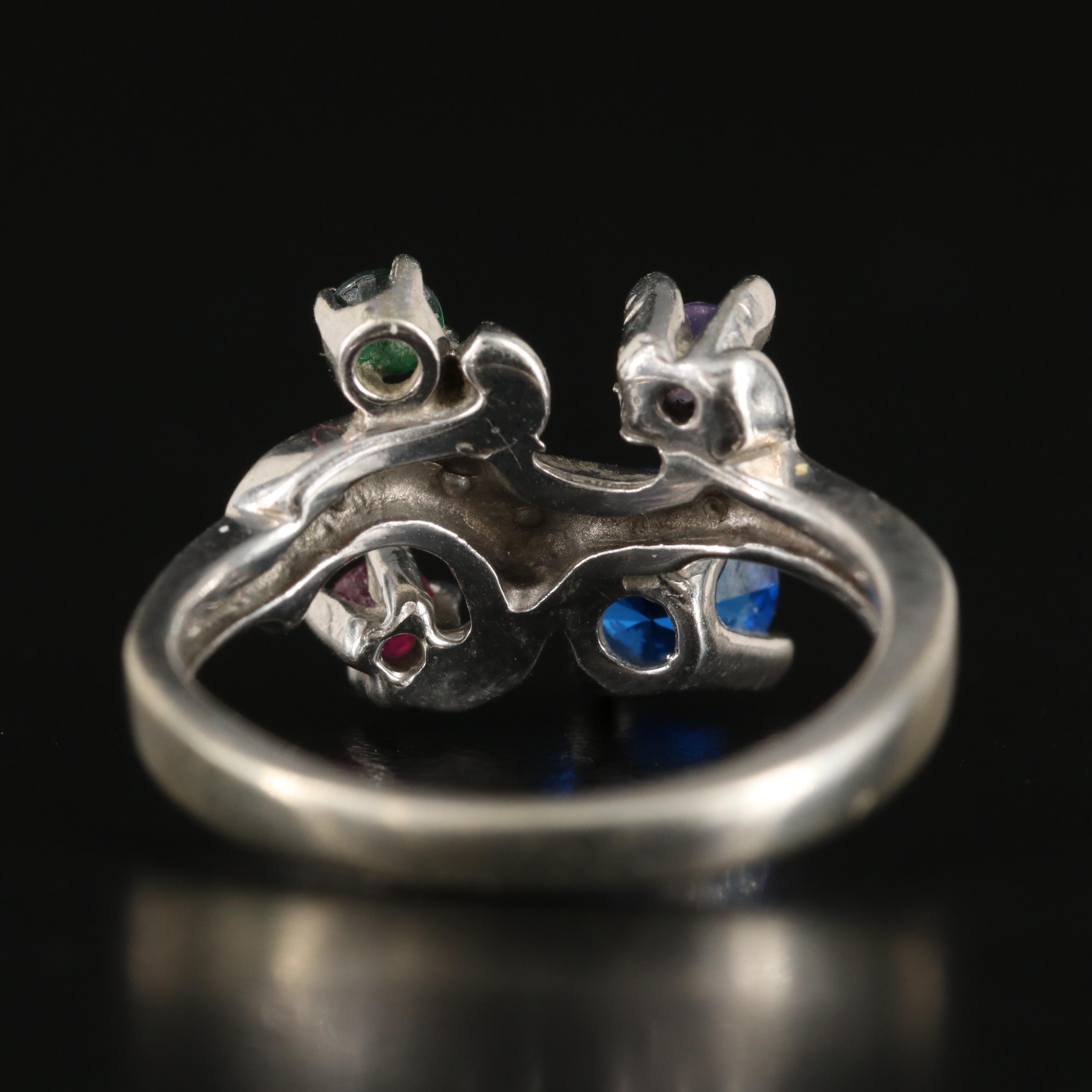 14K Sapphire, Ruby, Spinel and Garnet Glass Doublet Scroll Ring