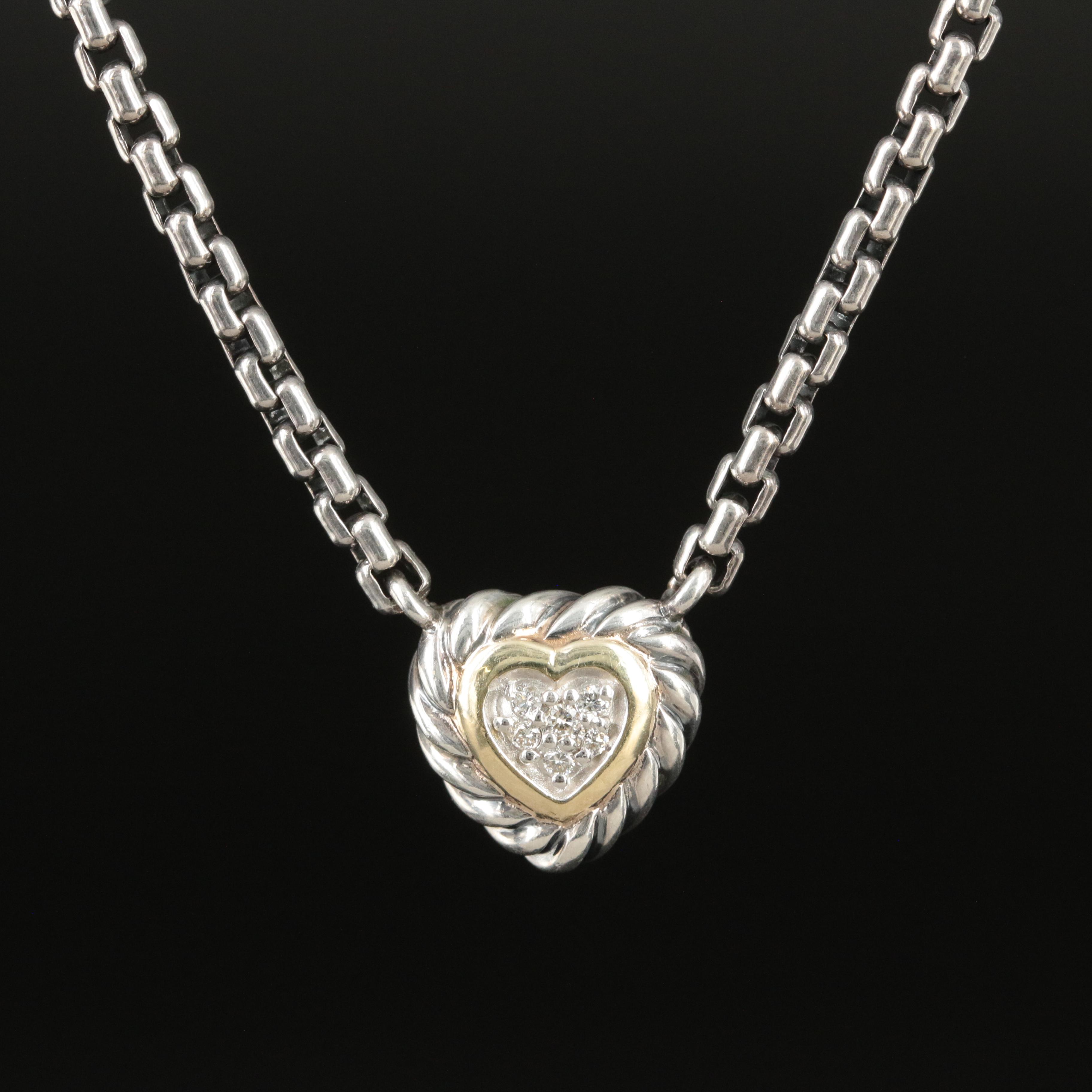David Yurman Sterling and 18K "Cookie" 0.07 CTW Diamond Heart Necklace