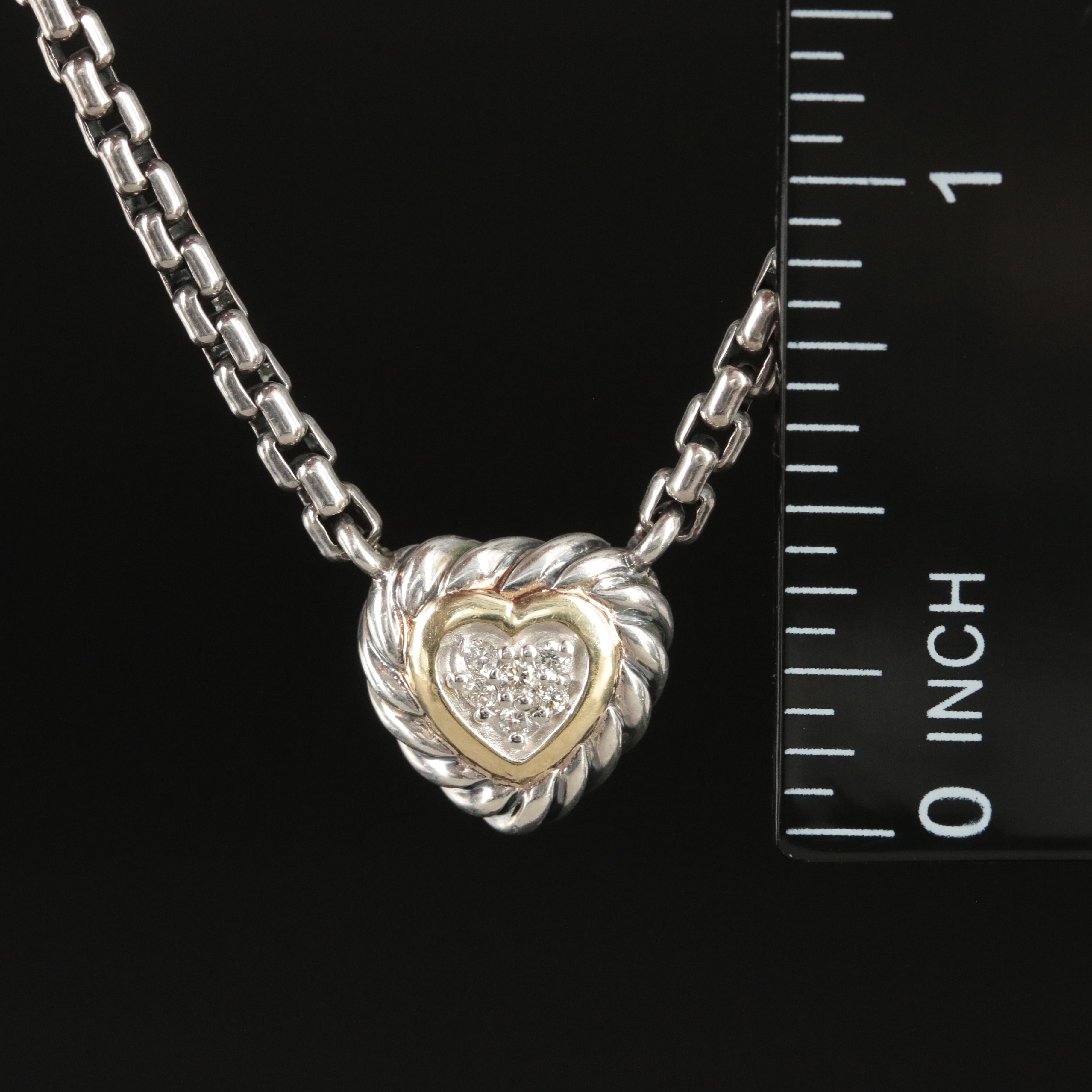 David Yurman Sterling and 18K "Cookie" 0.07 CTW Diamond Heart Necklace