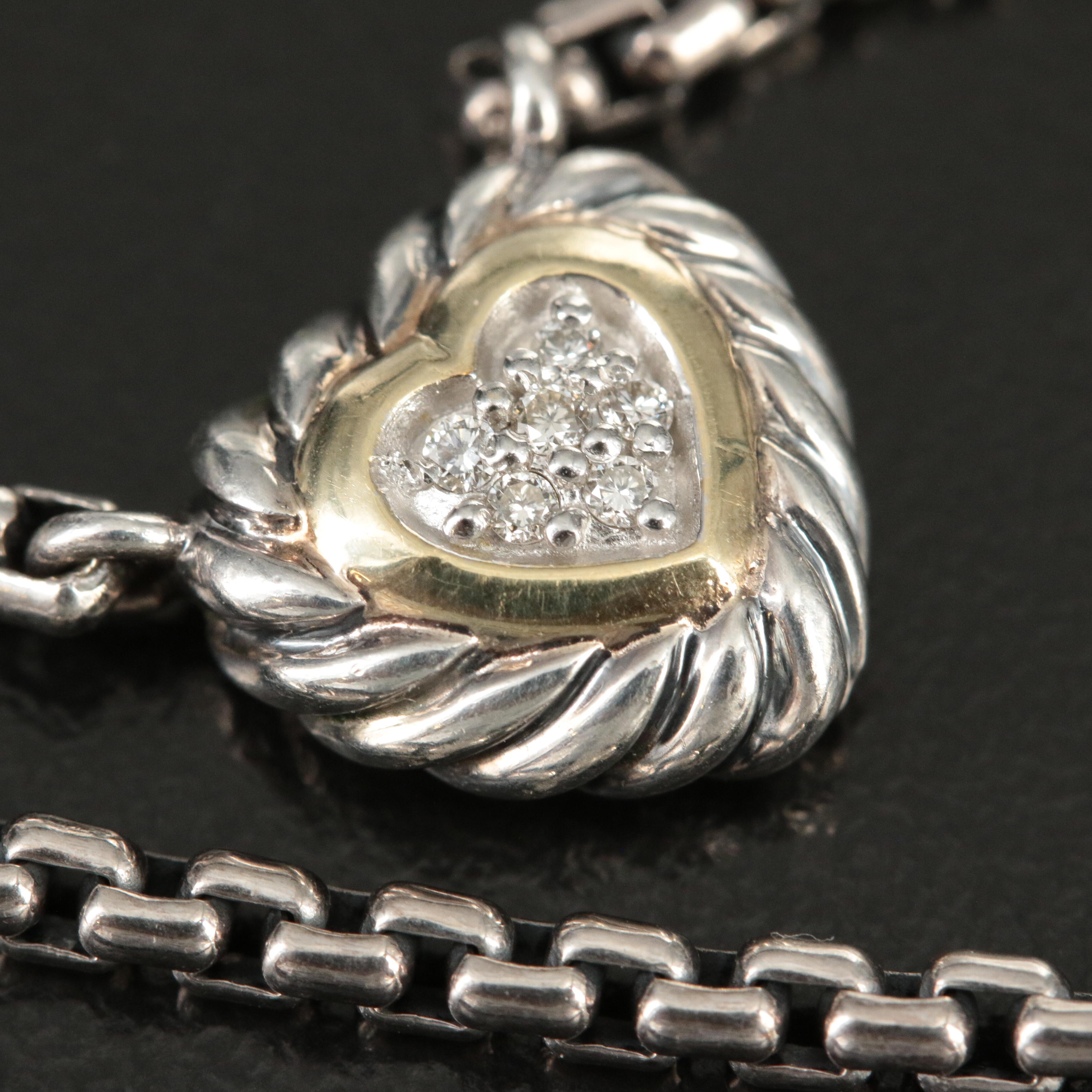 David Yurman Sterling and 18K "Cookie" 0.07 CTW Diamond Heart Necklace