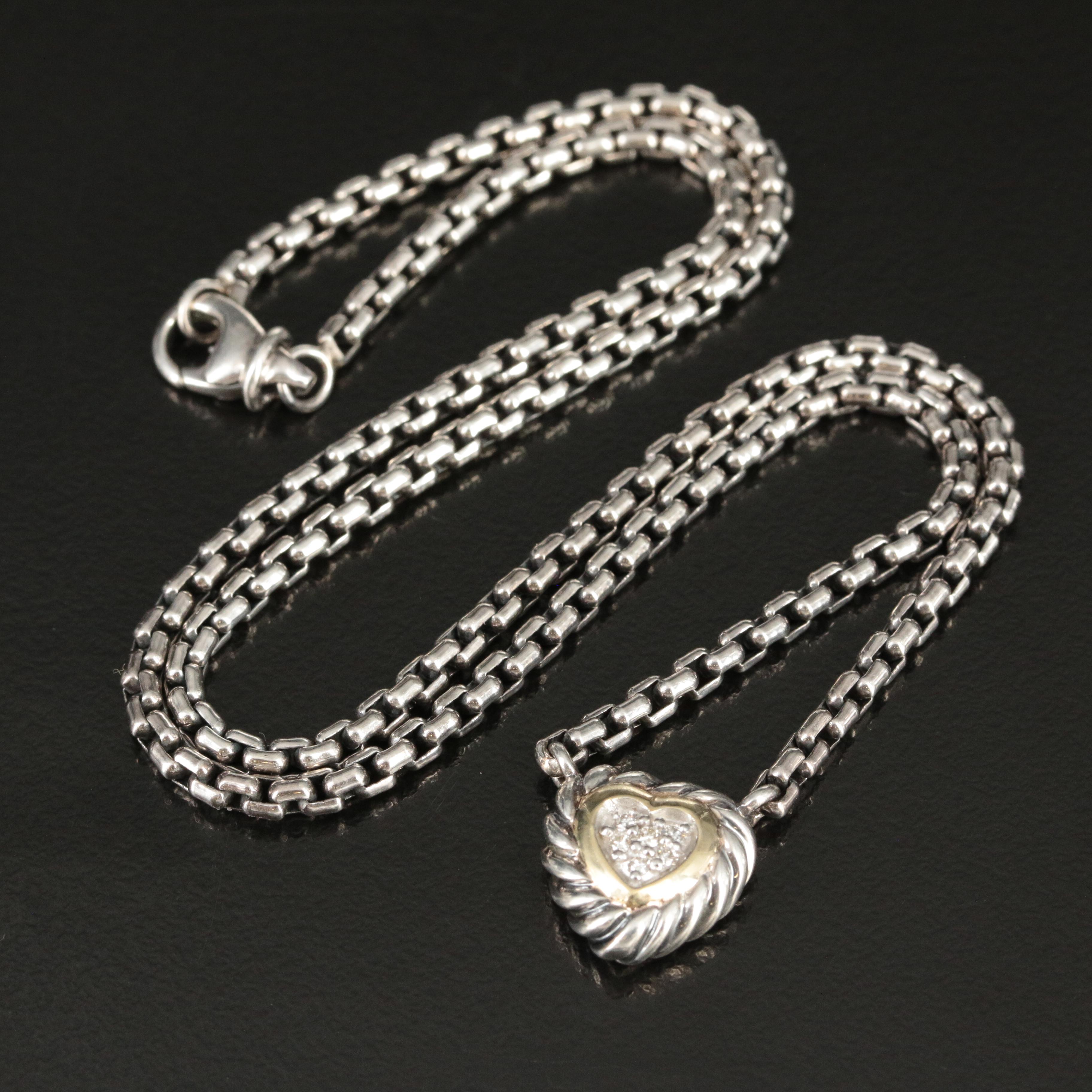 David Yurman Sterling and 18K "Cookie" 0.07 CTW Diamond Heart Necklace