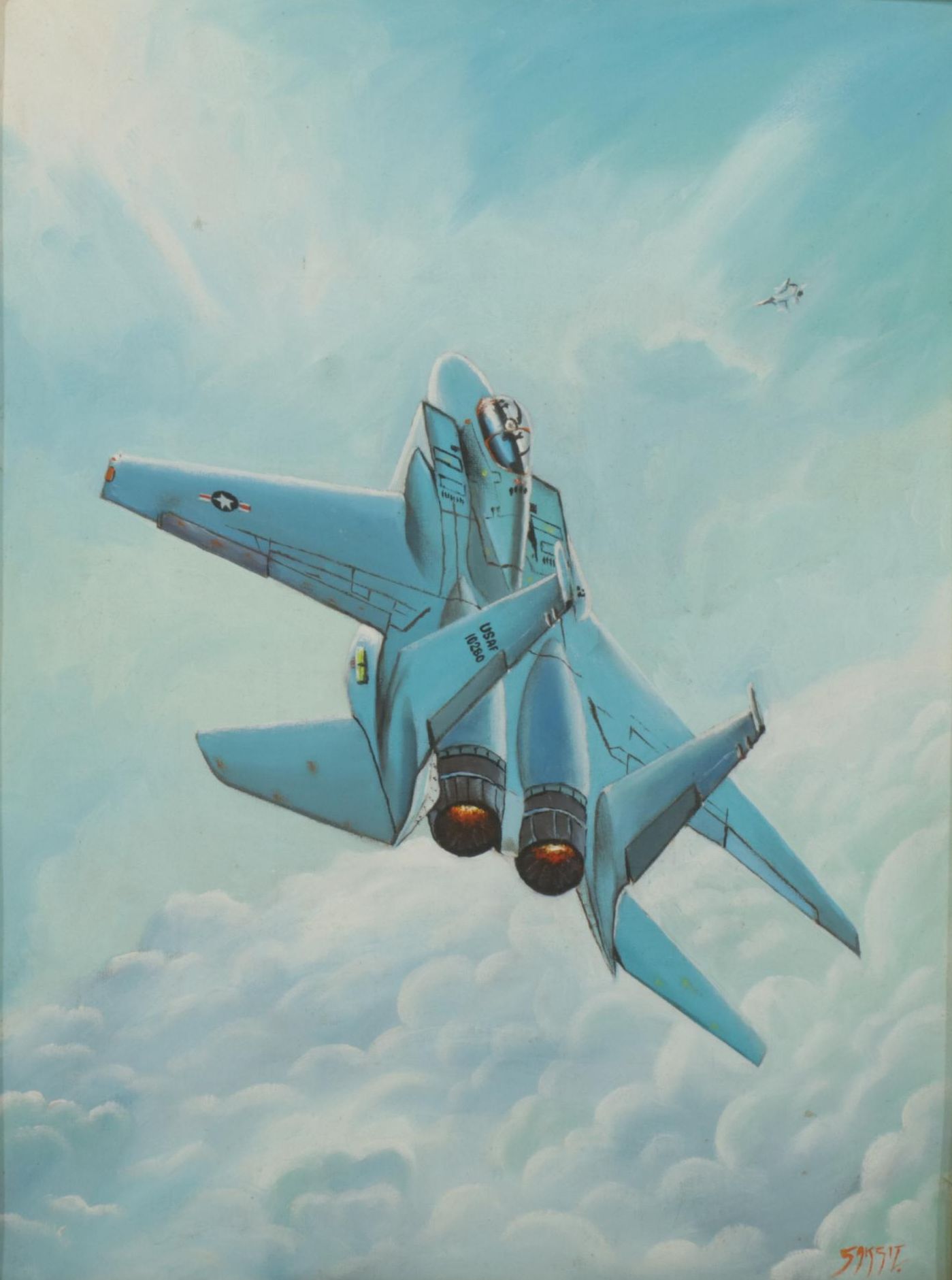 Aviation Oil Painting Of United States Air Force F-15 Jet, Late 20th Century