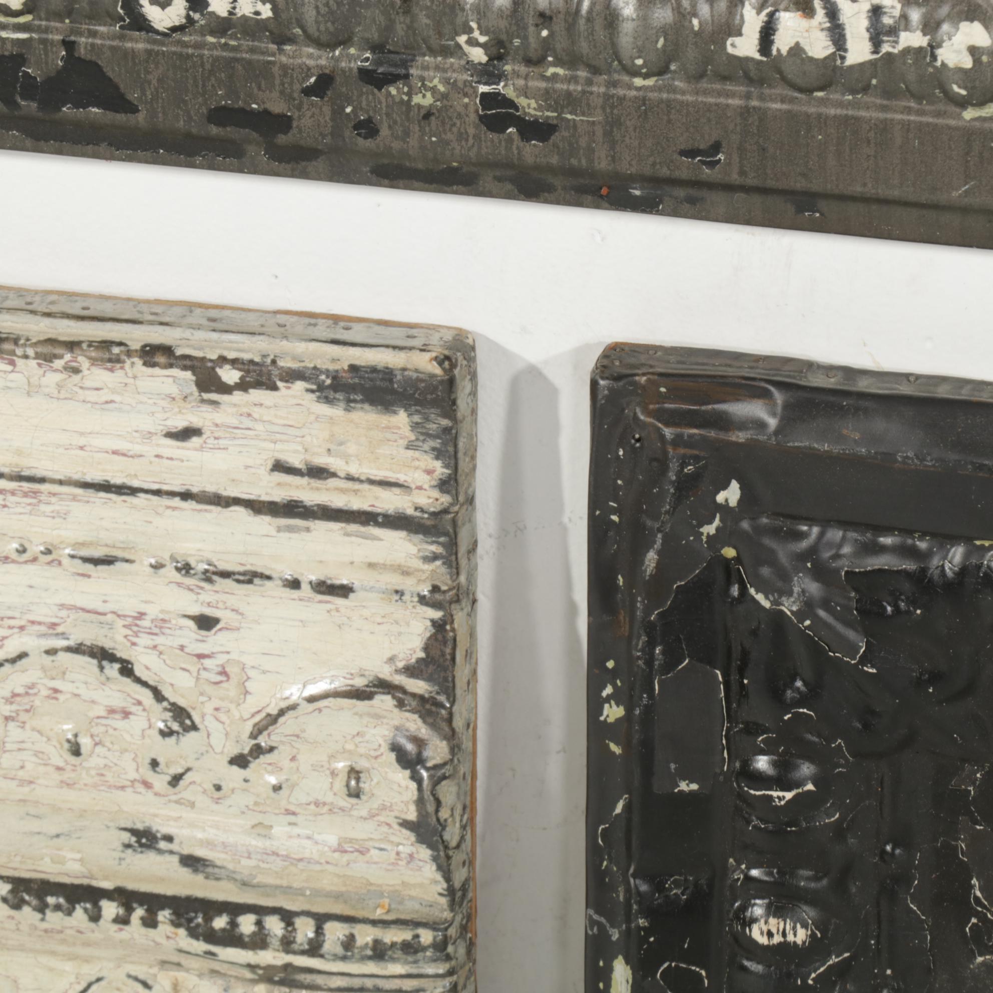 Three Framed and Painted Pressed Tin Ceiling Tiles, Early 20th Century