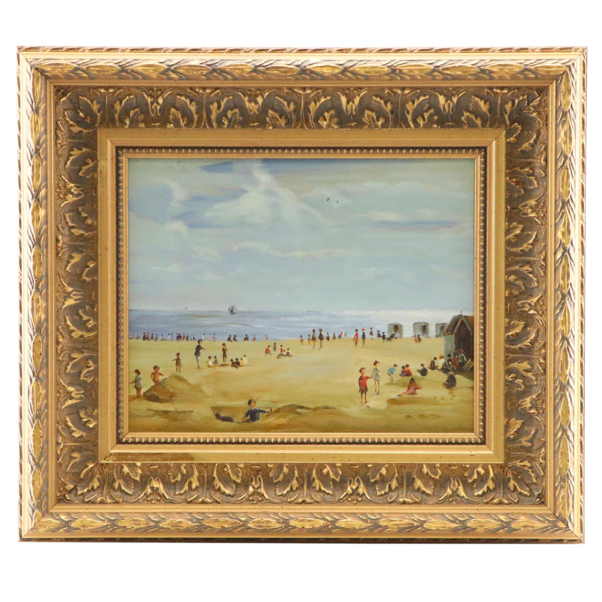 Coastal Landscape Oil Painting of Beach Scene, Late 20th Century
