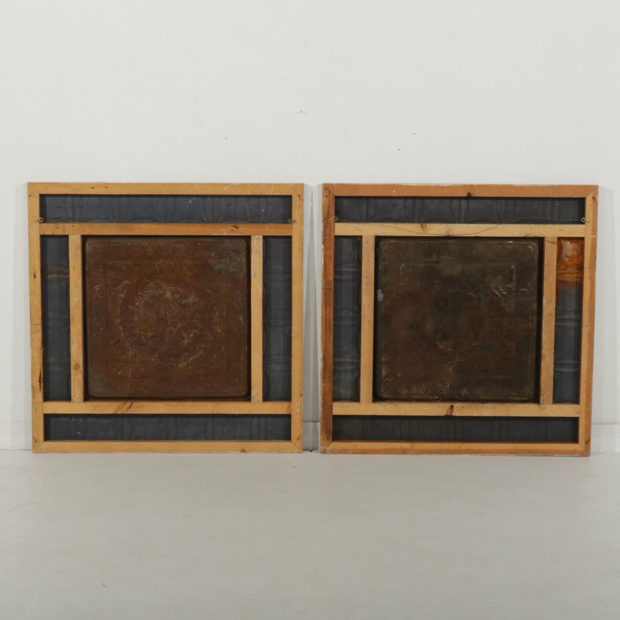 Framed and Painted Pressed Tin Ceiling Tiles, Early 20th Century