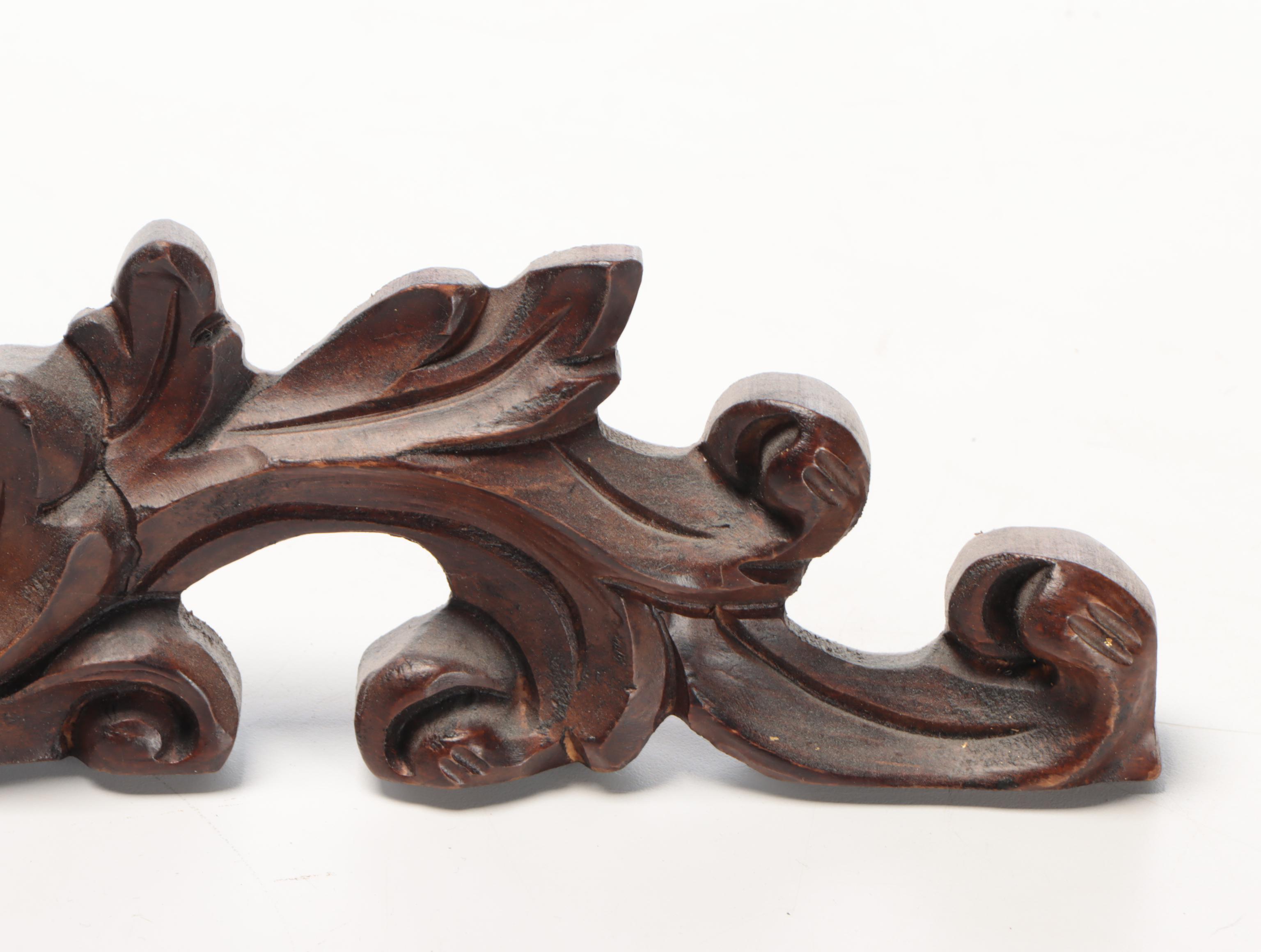 Decorative Crafts, Inc. Walnut-Stained Carved Wood Shell and Scroll Flourish