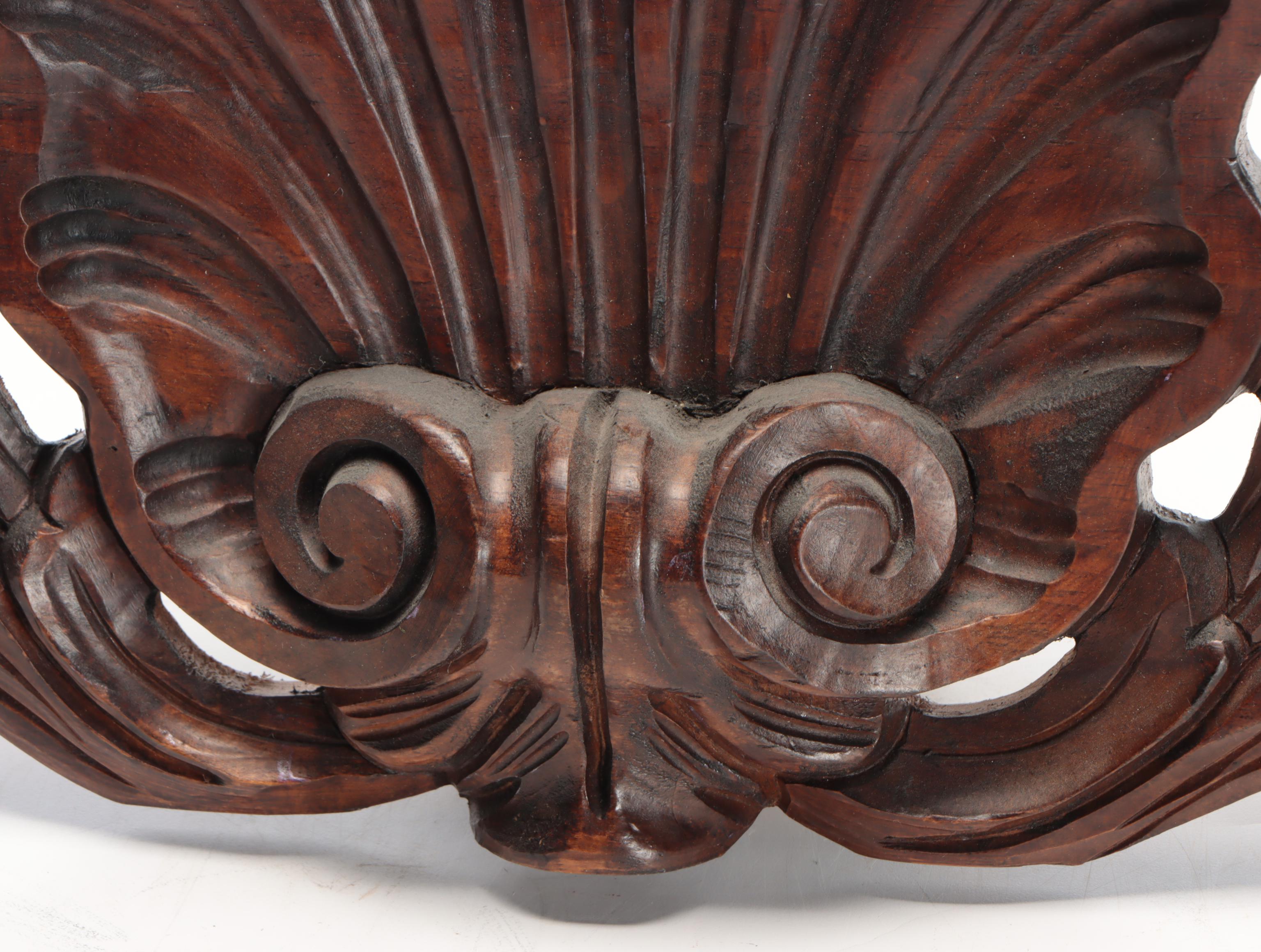 Decorative Crafts, Inc. Walnut-Stained Carved Wood Shell and Scroll Flourish