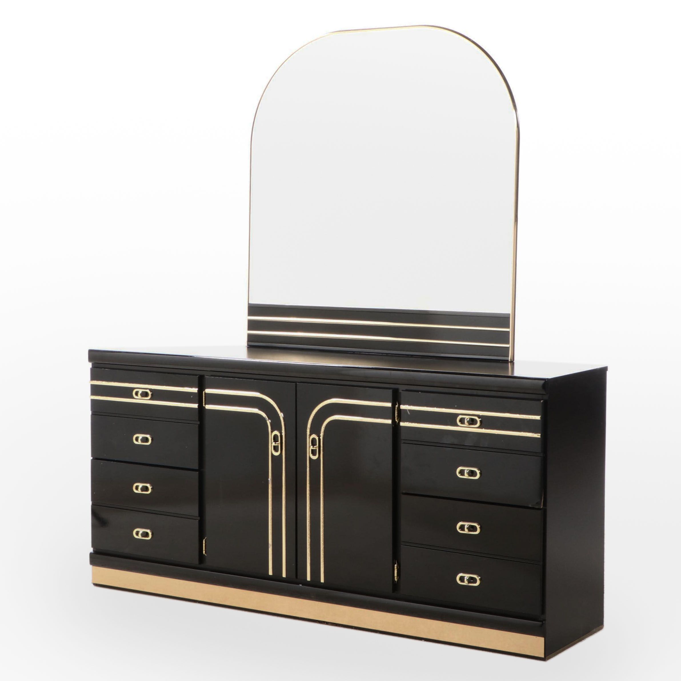 Contemporary Black-Lacquered Dresser with Mirror