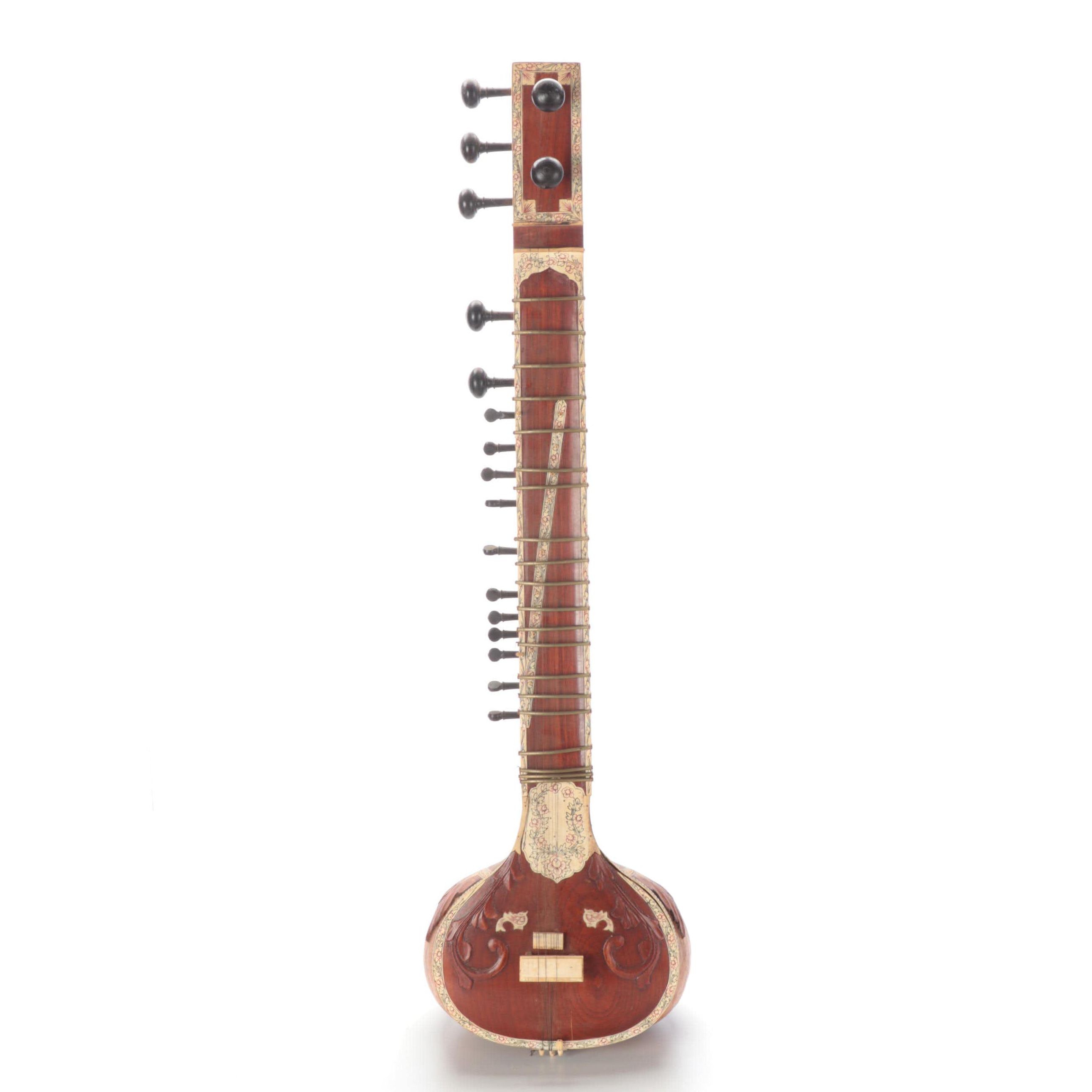 Indian Carved Rosewood and Gourd Sitar with Inlay