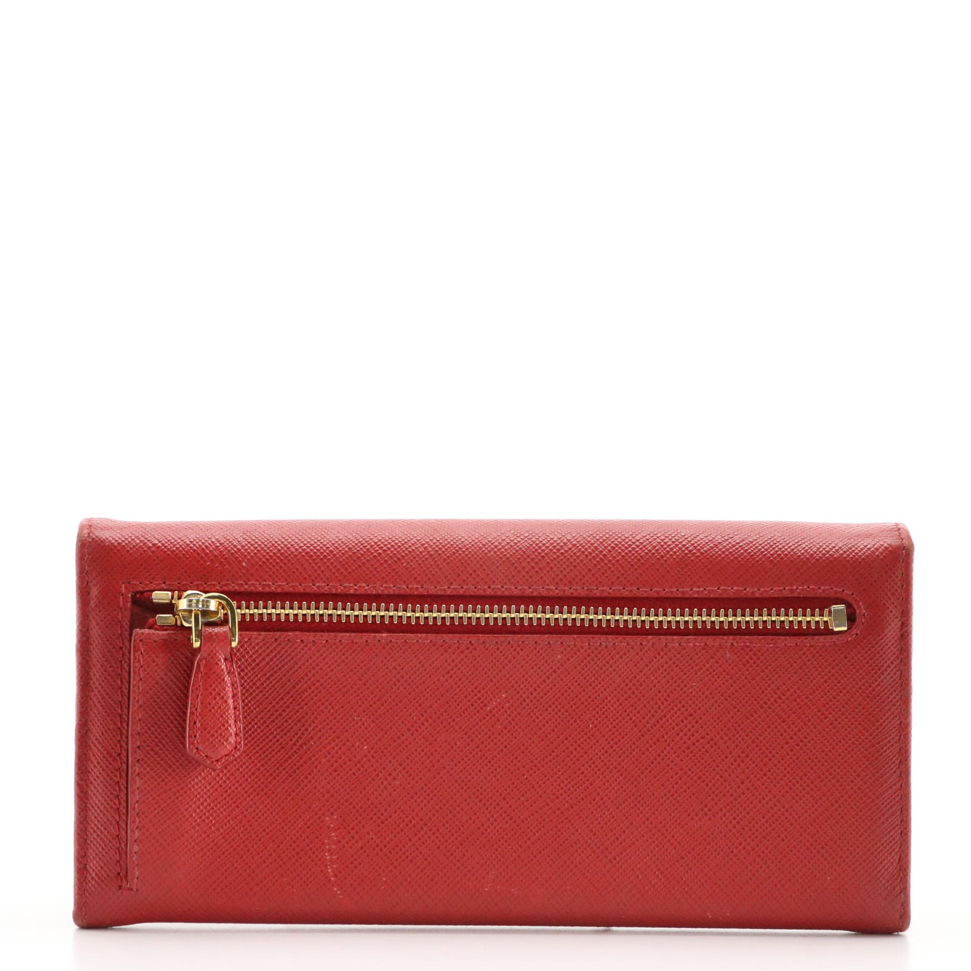 Prada Red Saffiano Leather Long Flap Wallet with Box