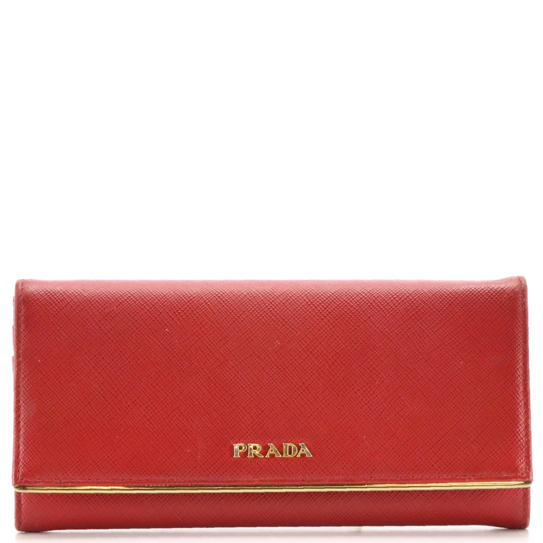 Prada Red Saffiano Leather Long Flap Wallet with Box
