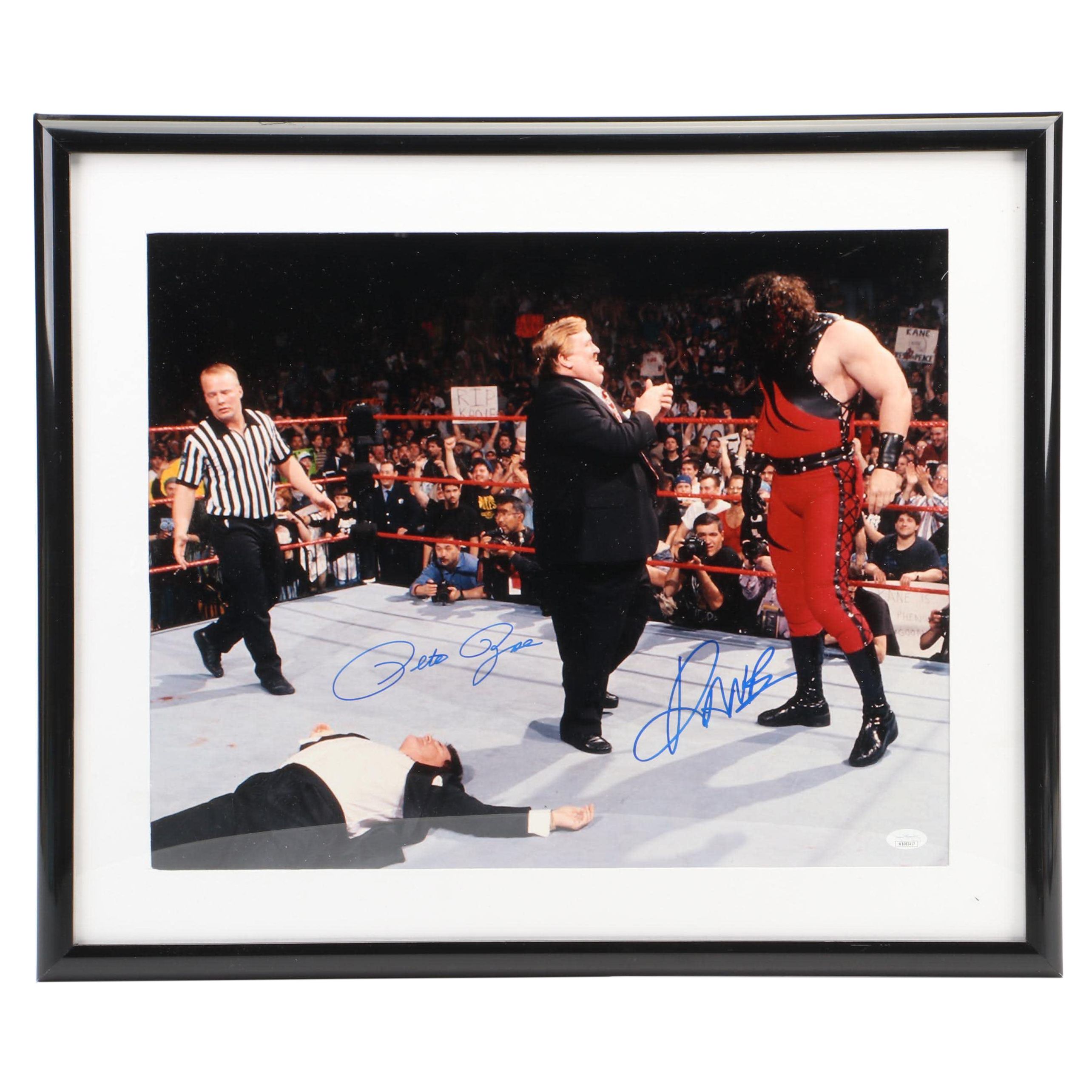 Pete Rose and Kane Signed Wrestling Print in Matted Frame