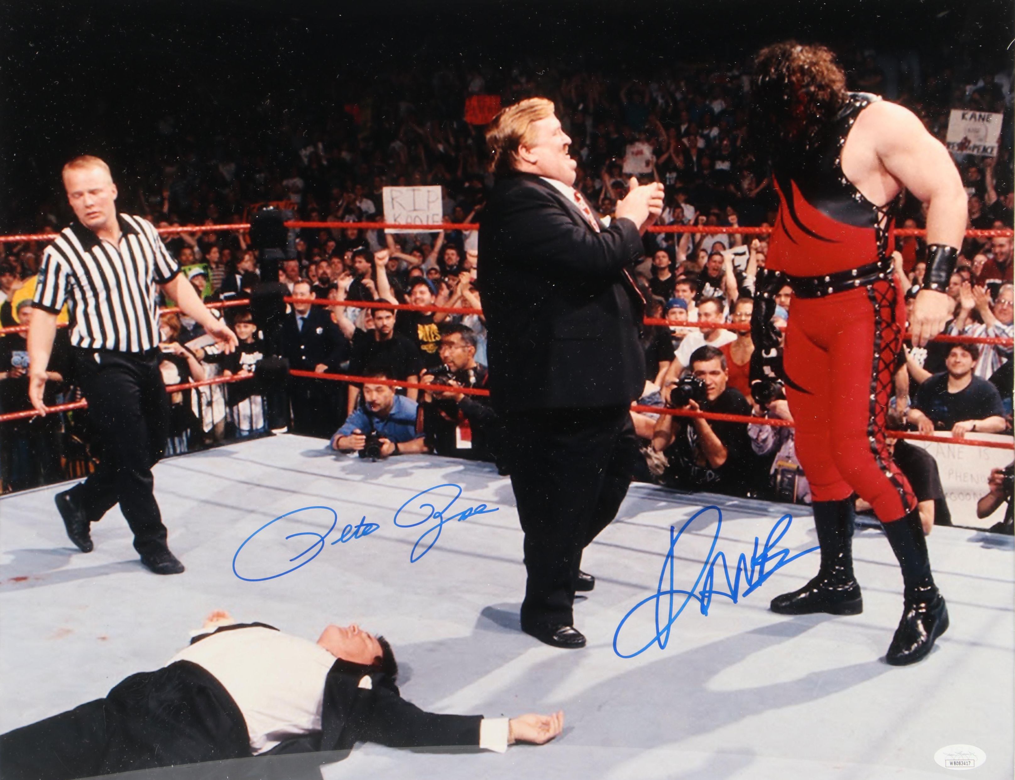Pete Rose and Kane Signed Wrestling Print in Matted Frame