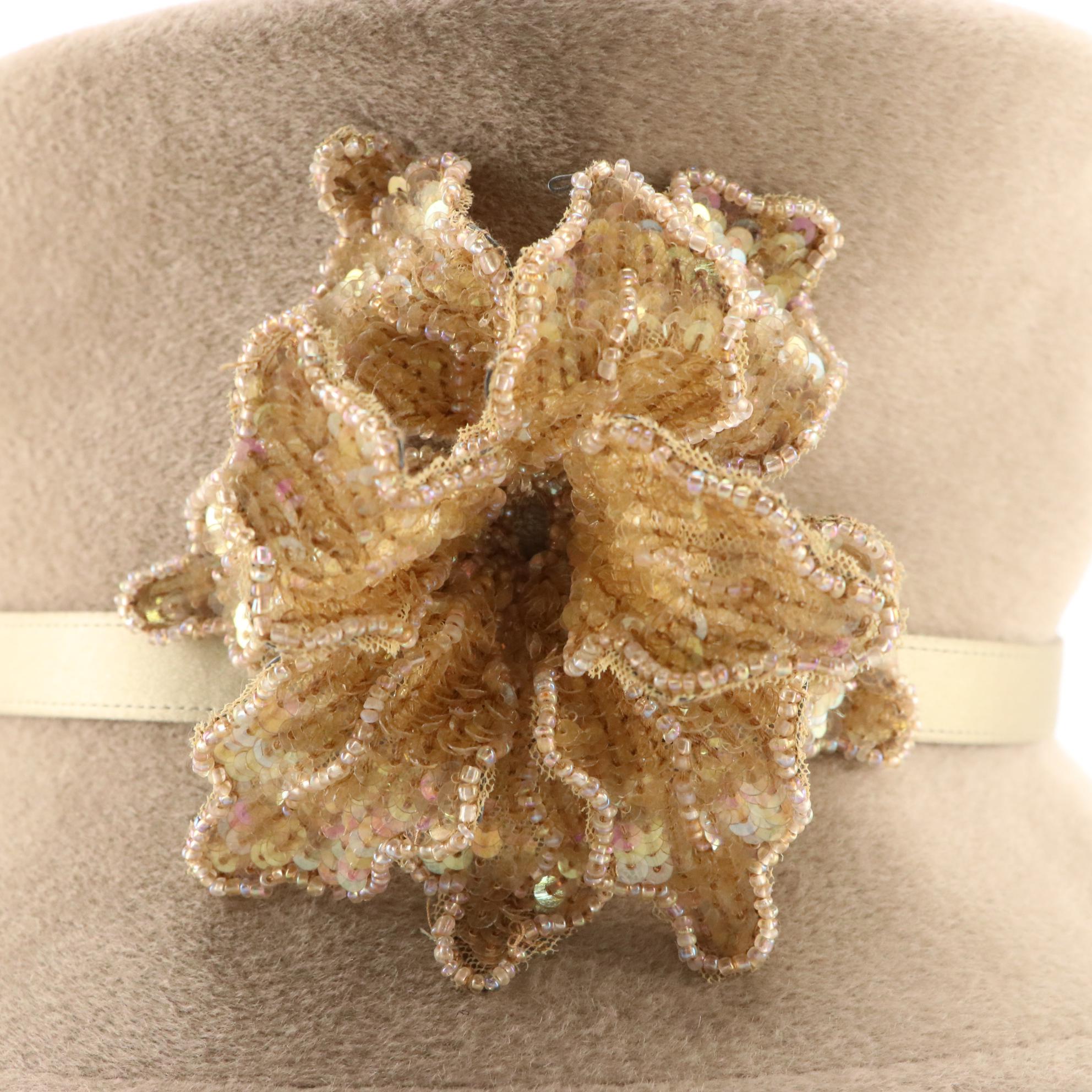 Philip Treacy London Beige Floral Embellished Rabbit Fur Top Hat in Box